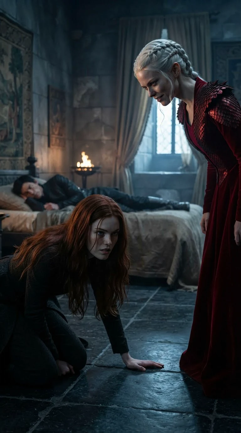 Calista lands on her knees on the floor as Yrsa stands over her with a parting threat.