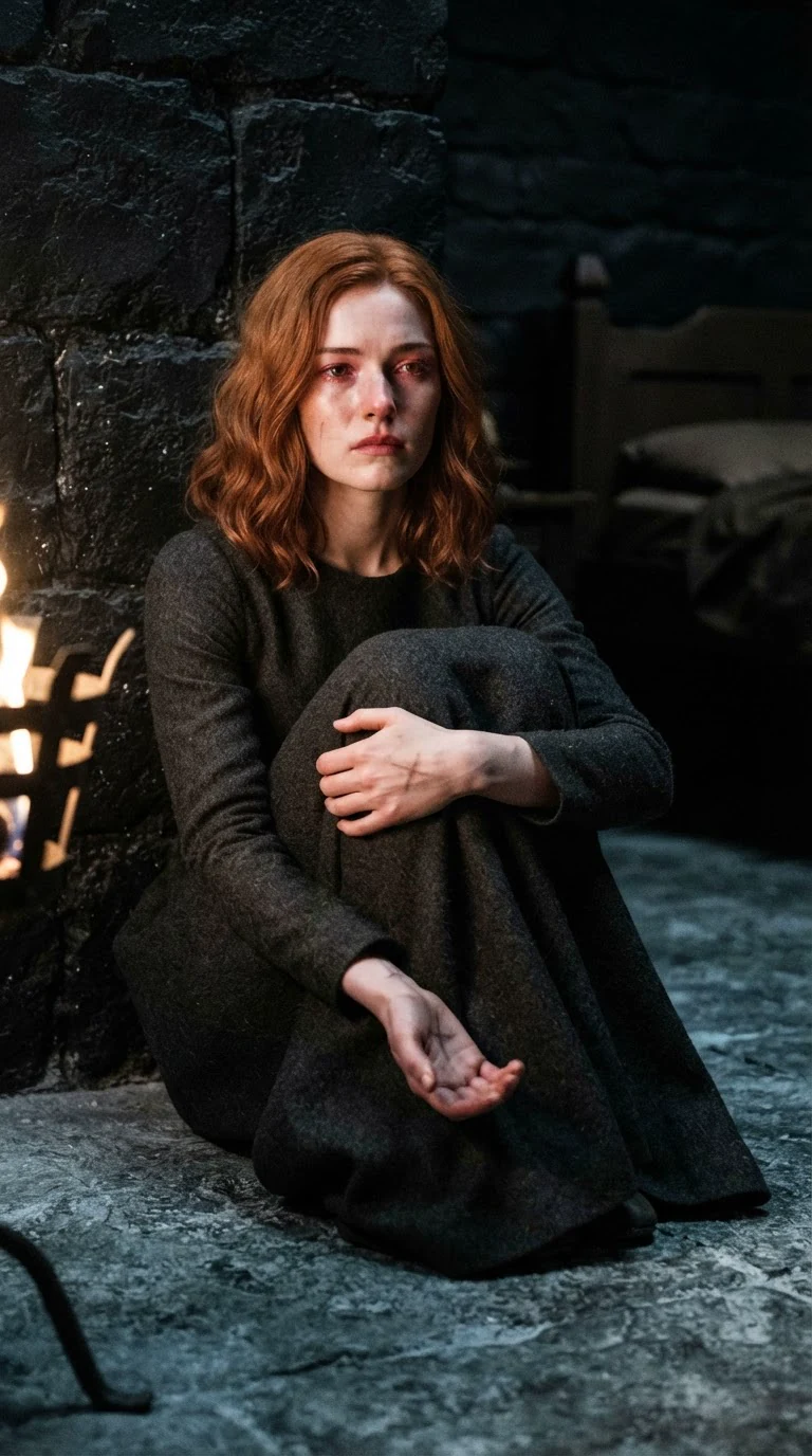 Calista sits against the wall with her arms around her knees, thinking of her brother.