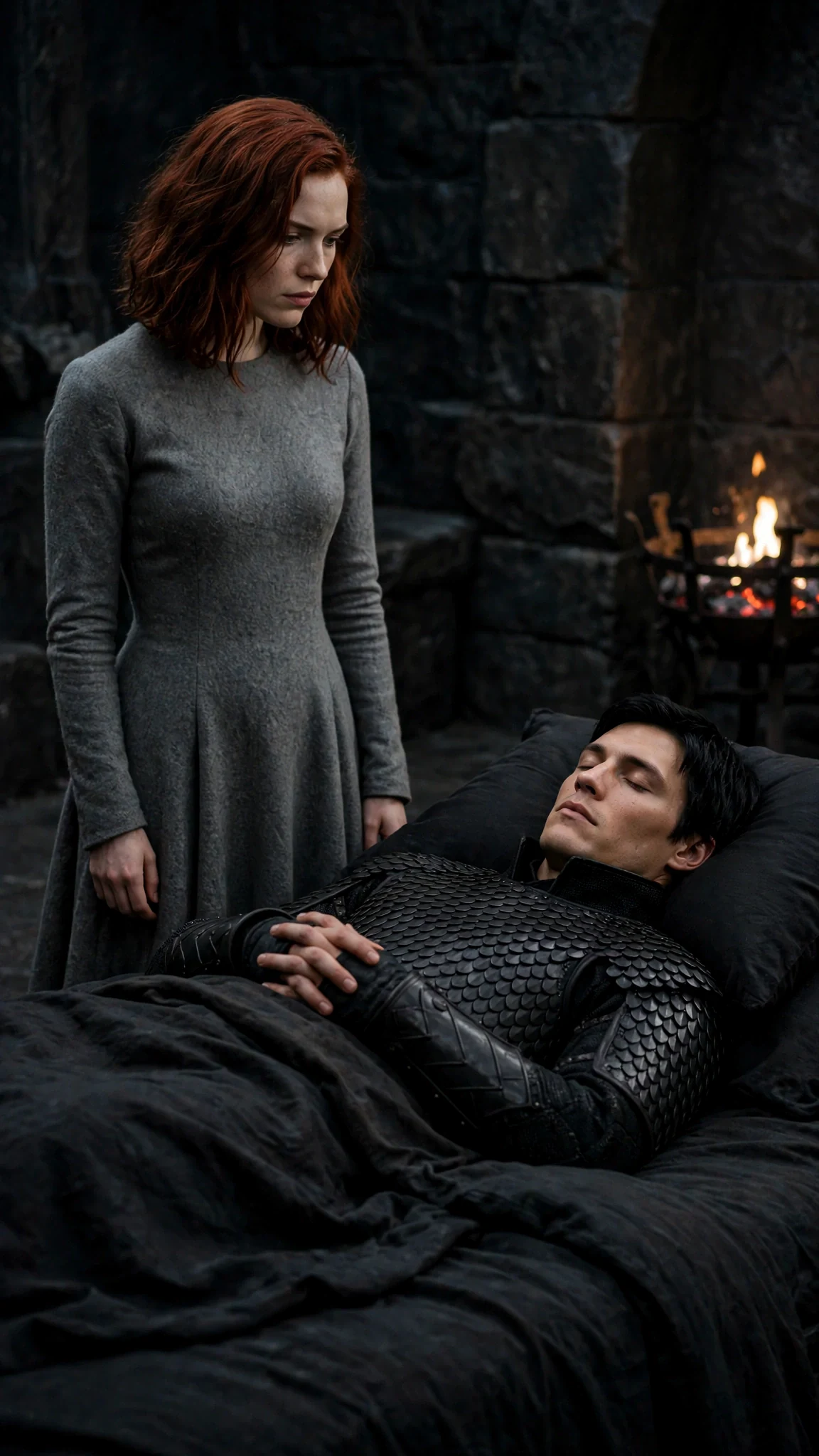 Calista stands at the foot of the bed looking down at the sleeping prince.