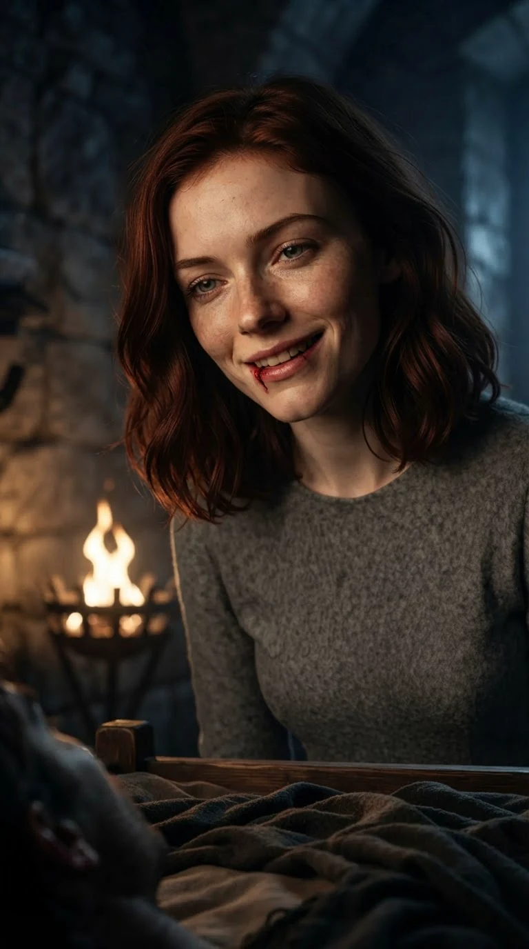 Calista speaks to the sleeping prince with a crooked, tired smile.