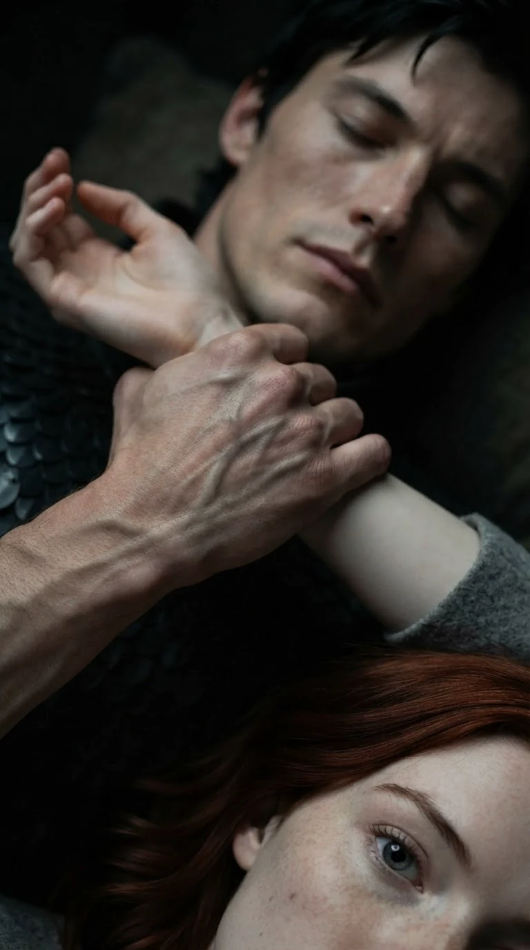 A tight close-up of a man's fingers locked around Calista's wrist beside the sleeping prince's still face.