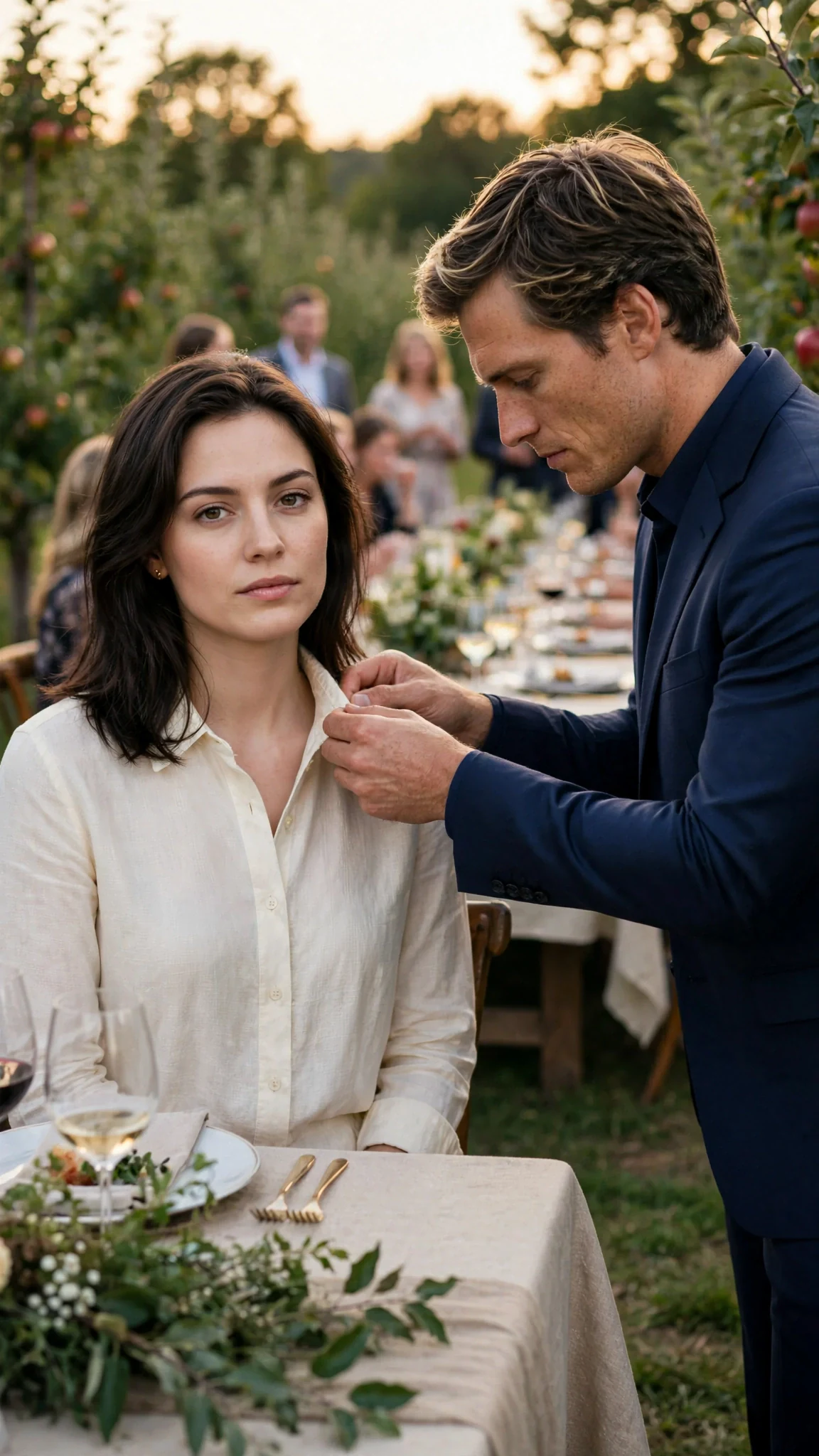 A woman in a cream blouse stands at a long orchard lunch table while a tall man in a navy suit tugs her neckline straight.