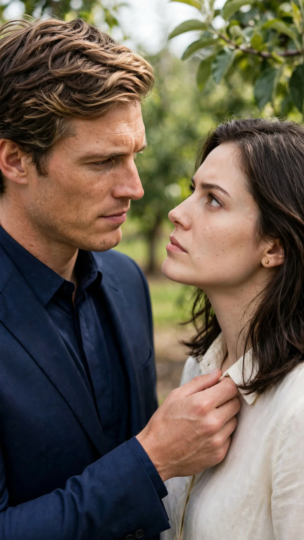 Close on a man's cold pale blue eyes as he speaks down at a woman's face.