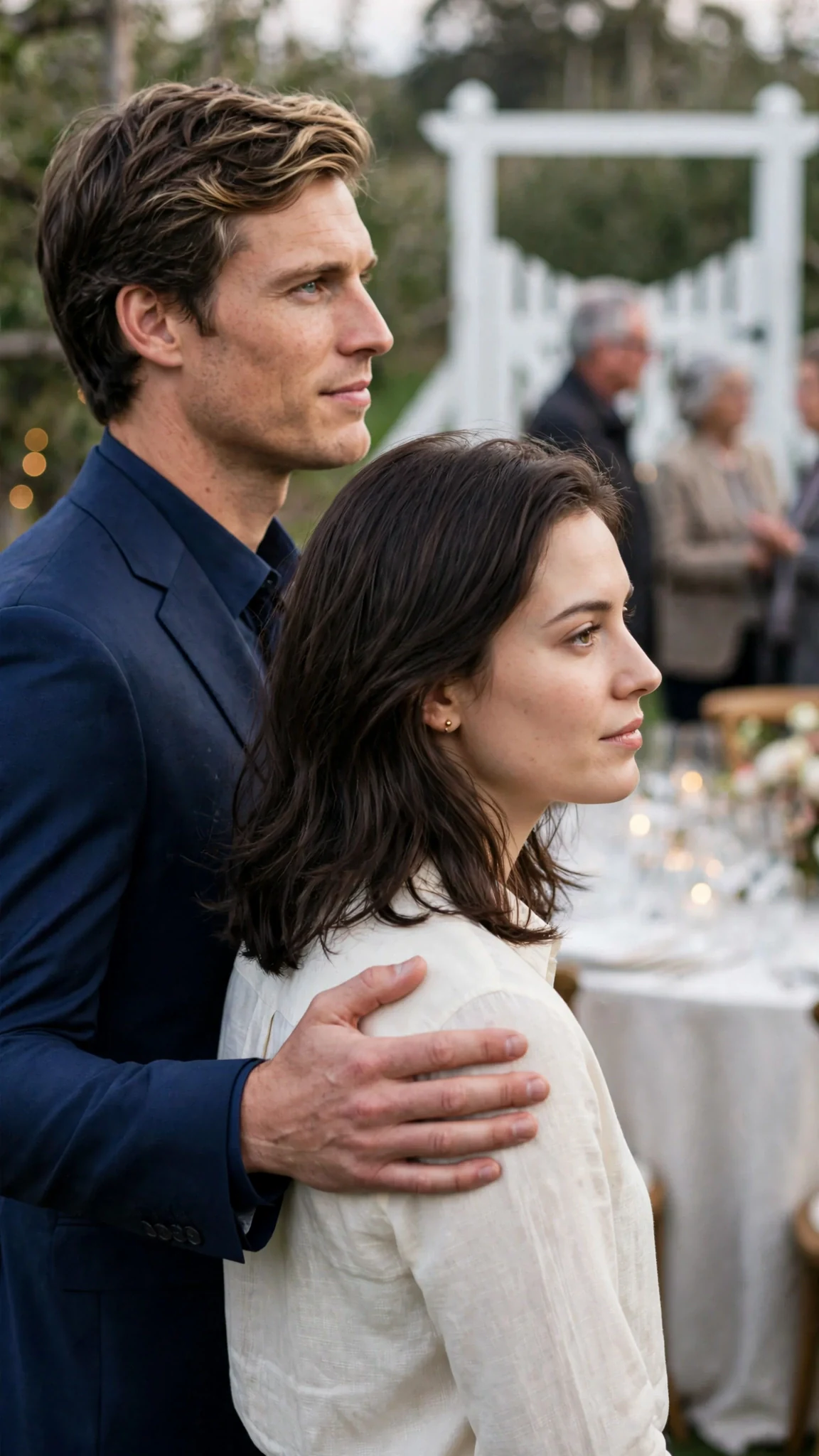 A man's hand turns a woman toward older guests near an orchard gate.