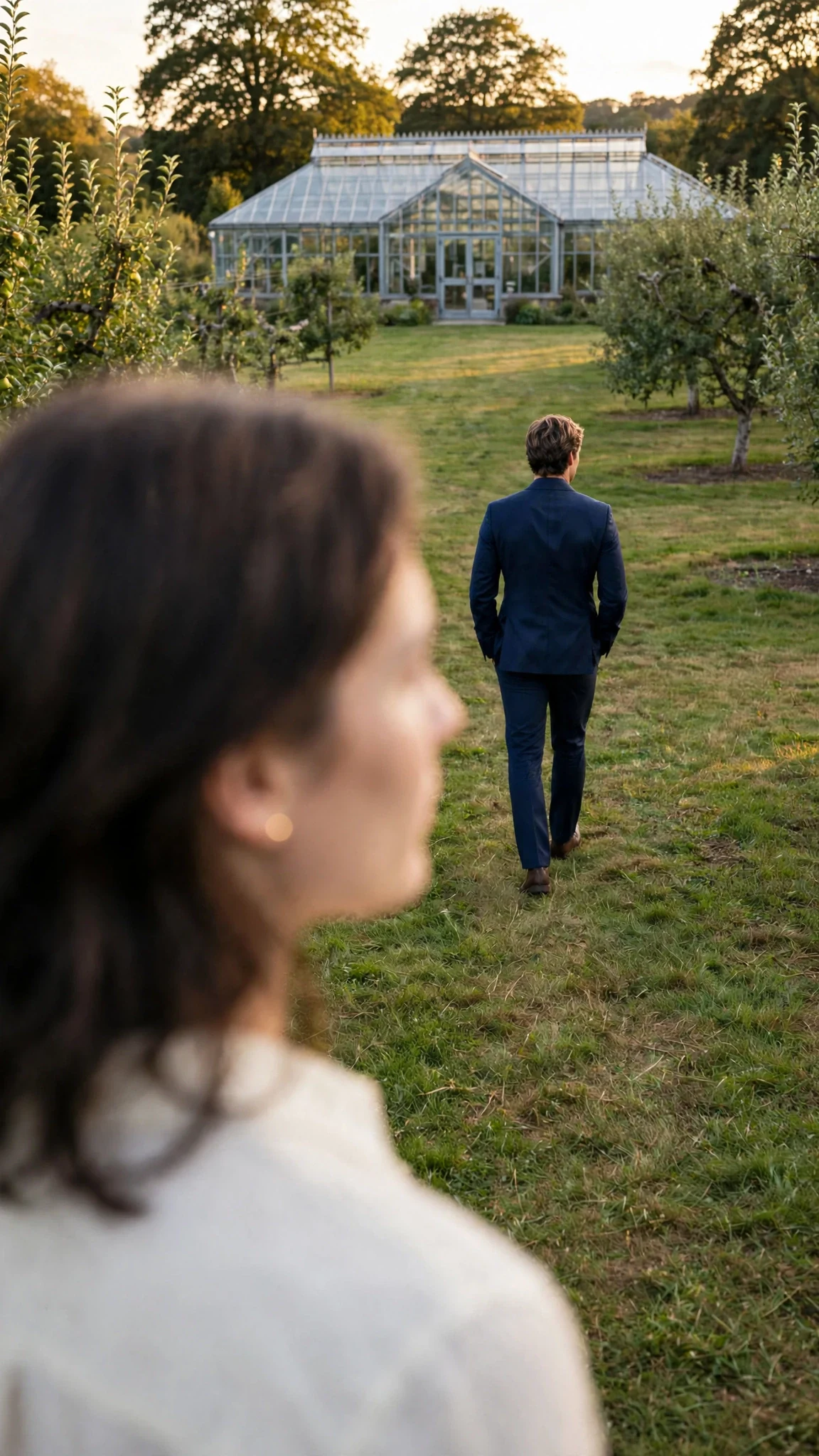 A man walks away alone toward a glass conservatory while a woman watches him go.