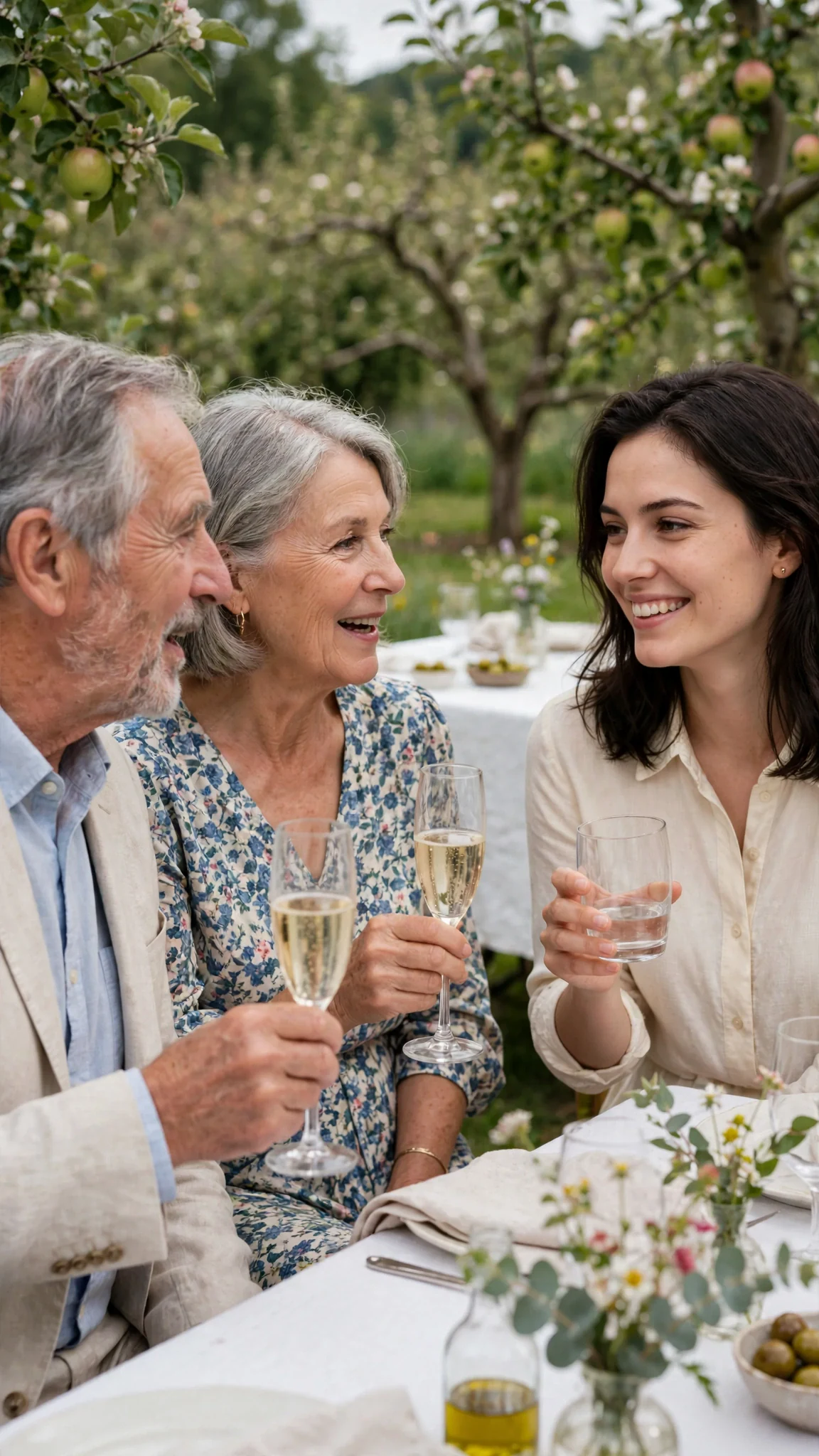 A woman smiles politely at two older donors holding champagne under apple trees.