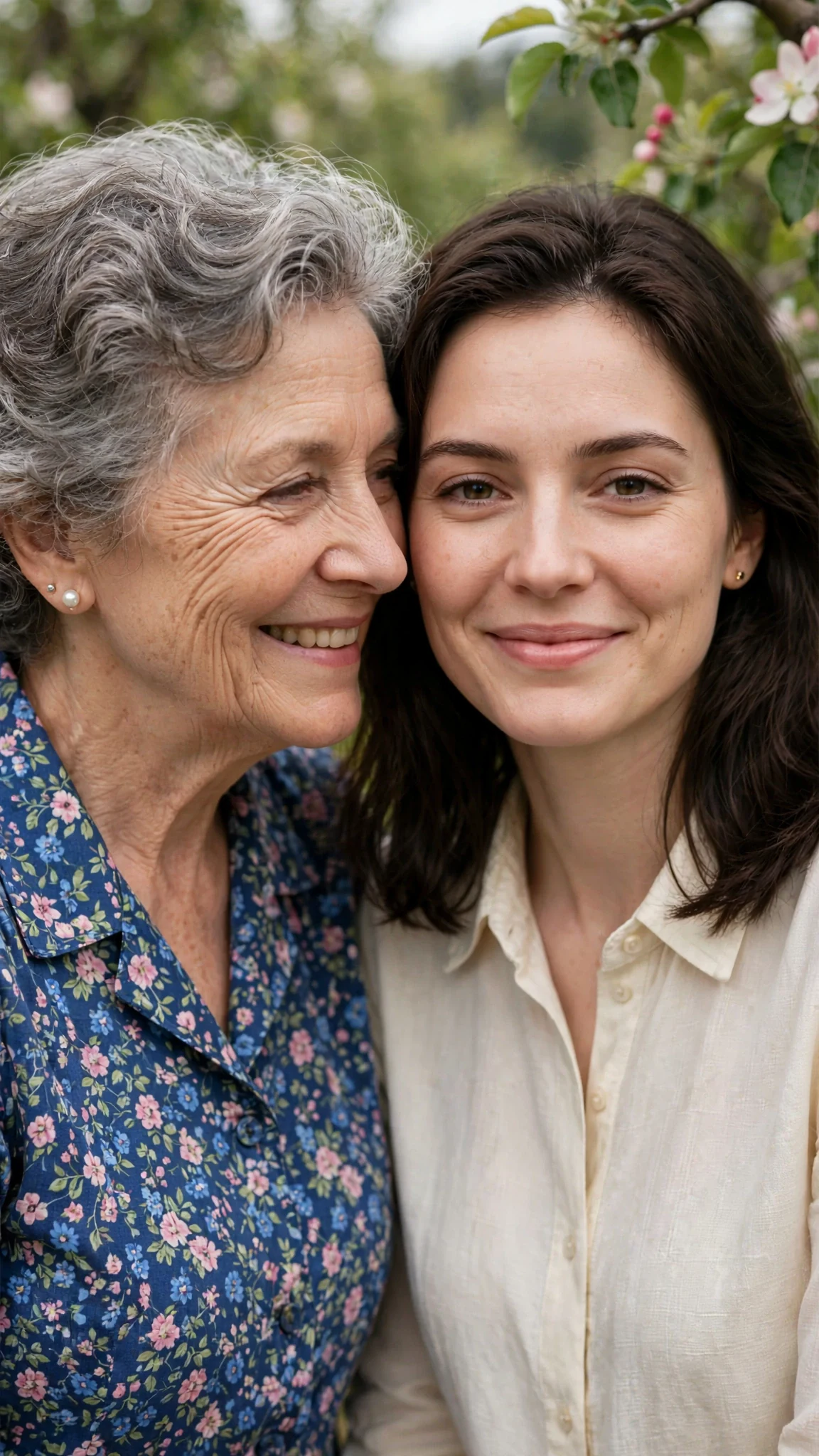 An older woman leans in toward a younger woman with a sweet, cutting smile.