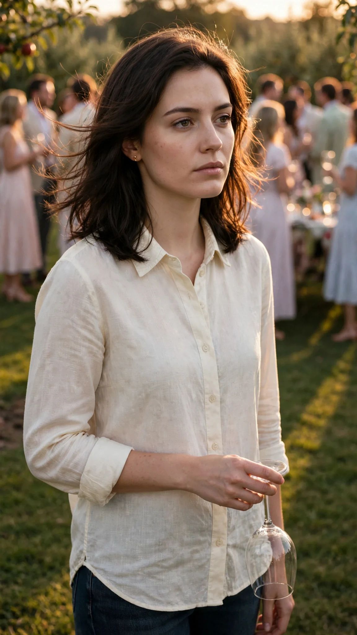 A woman stands alone at the edge of the lunch, guests blurred behind her.