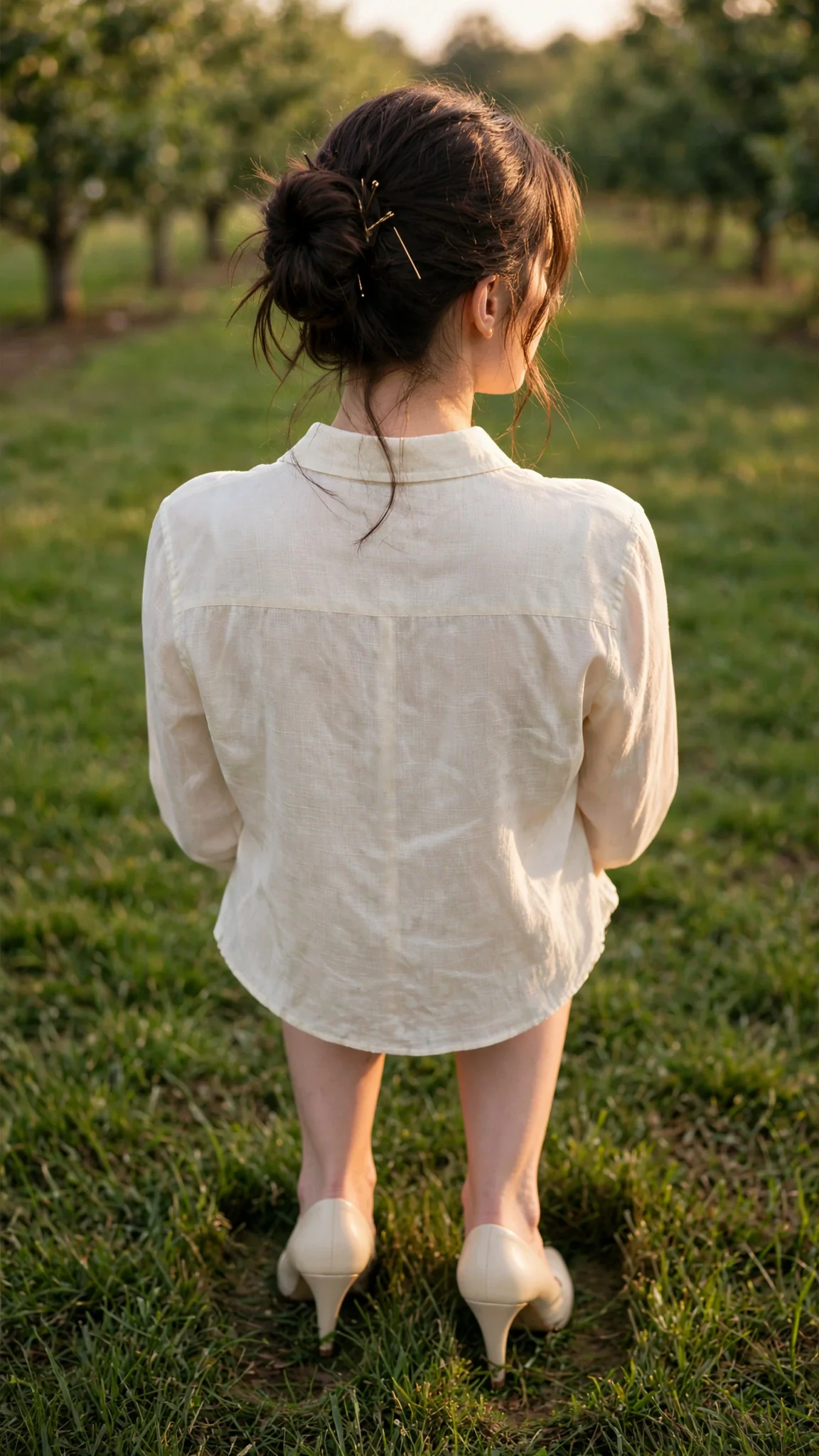 The back of a woman's neck in the sun, her heels sunk into the grass.