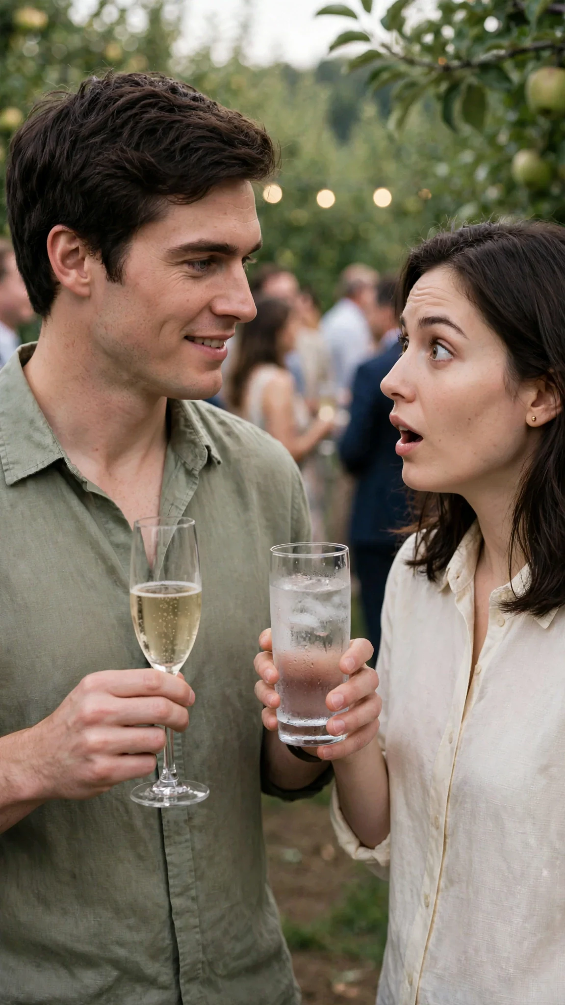 A broad-shouldered man in rolled sleeves arrives beside a woman with a glass of water.