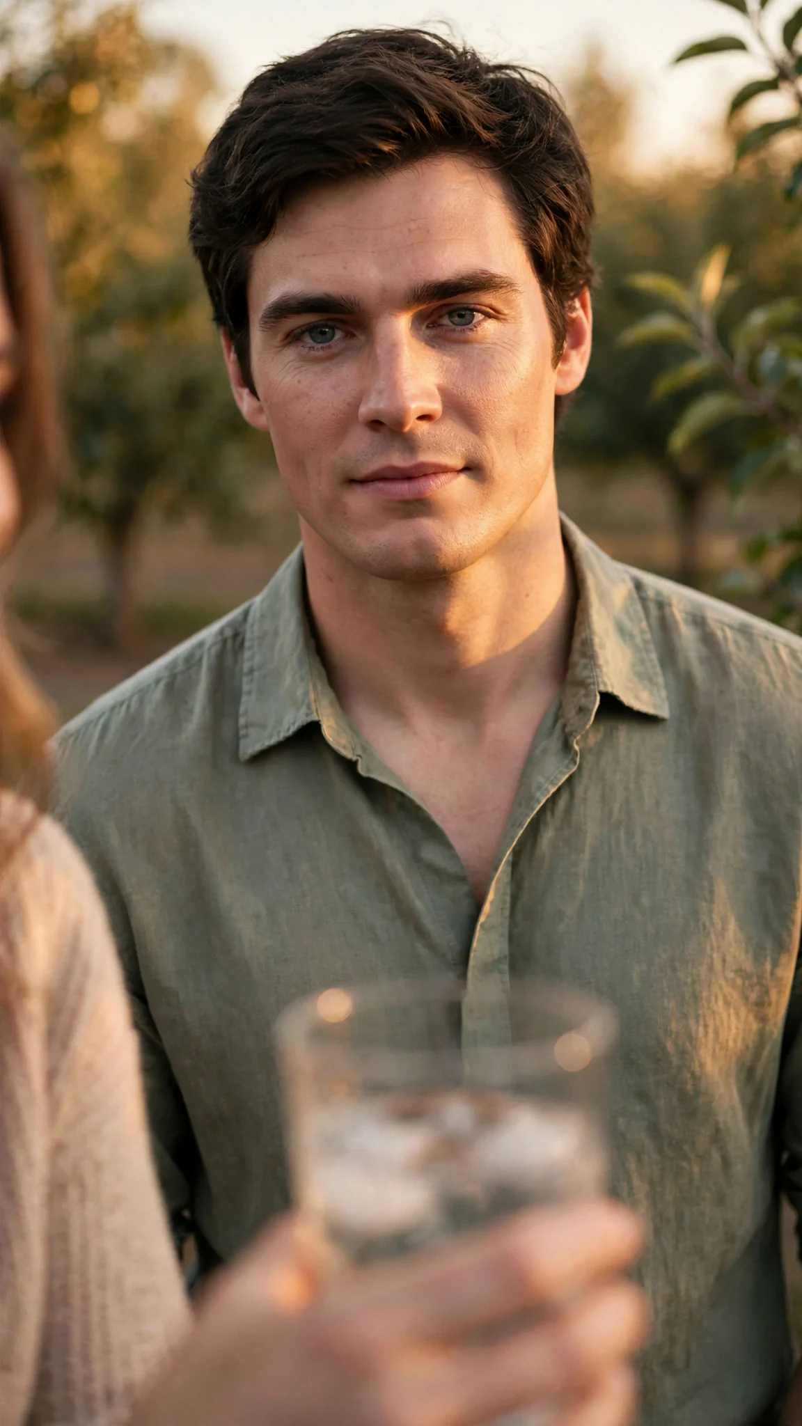 Close on a gray-eyed man's calm face as he offers a glass of water.