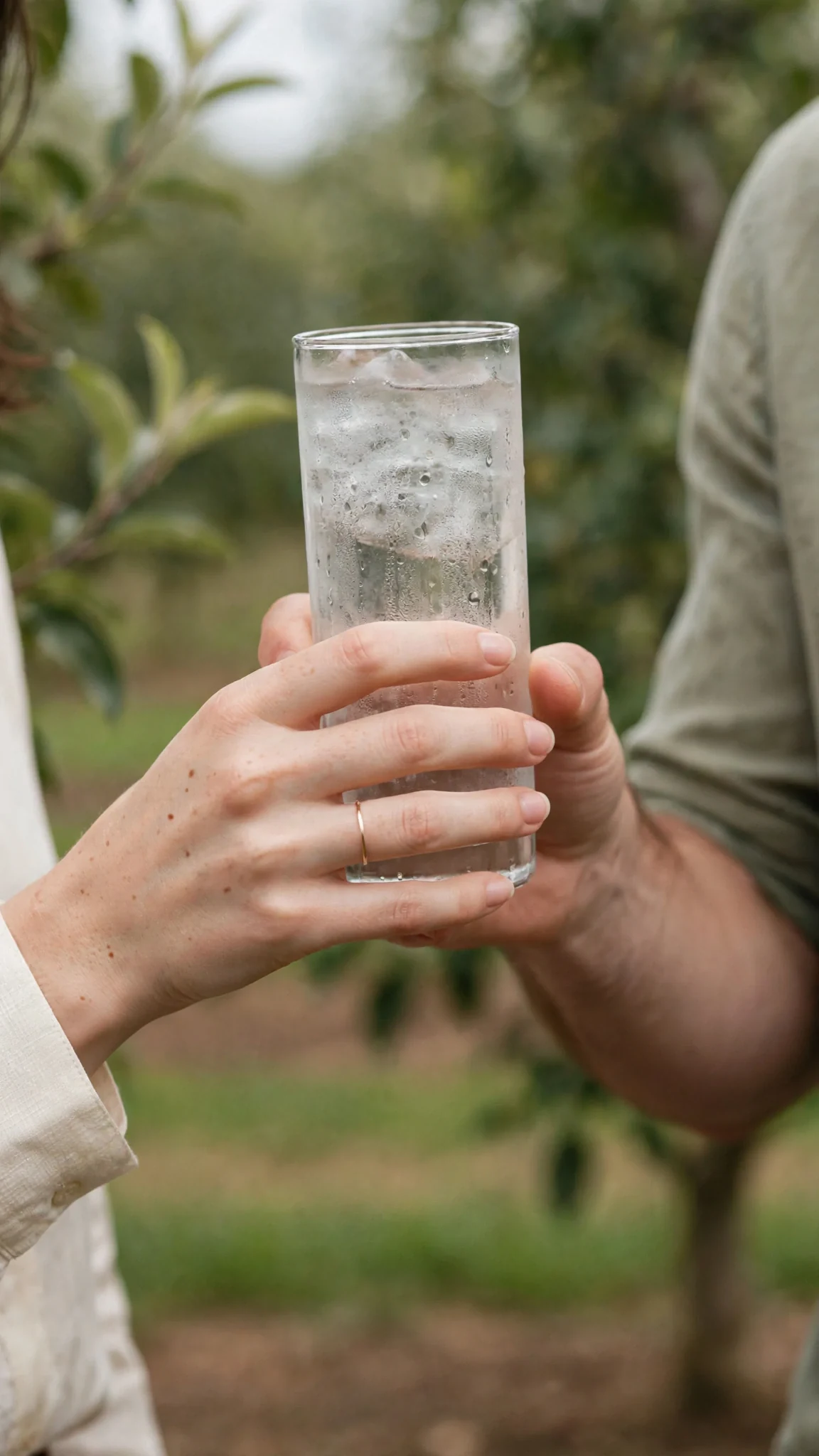 A woman's hand closes around a cold water glass while a man waits.