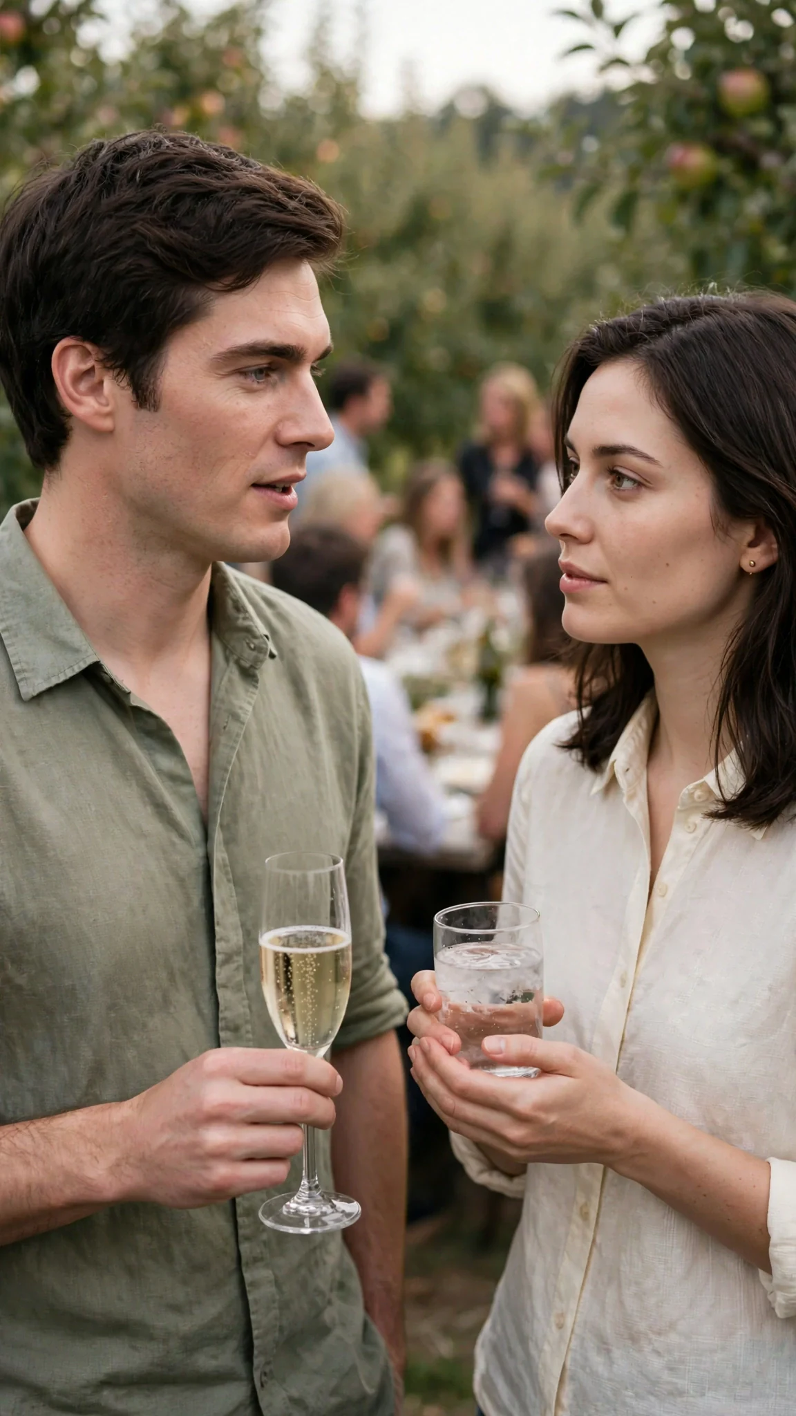 A man speaks quietly to a woman at a party, both holding drinks.