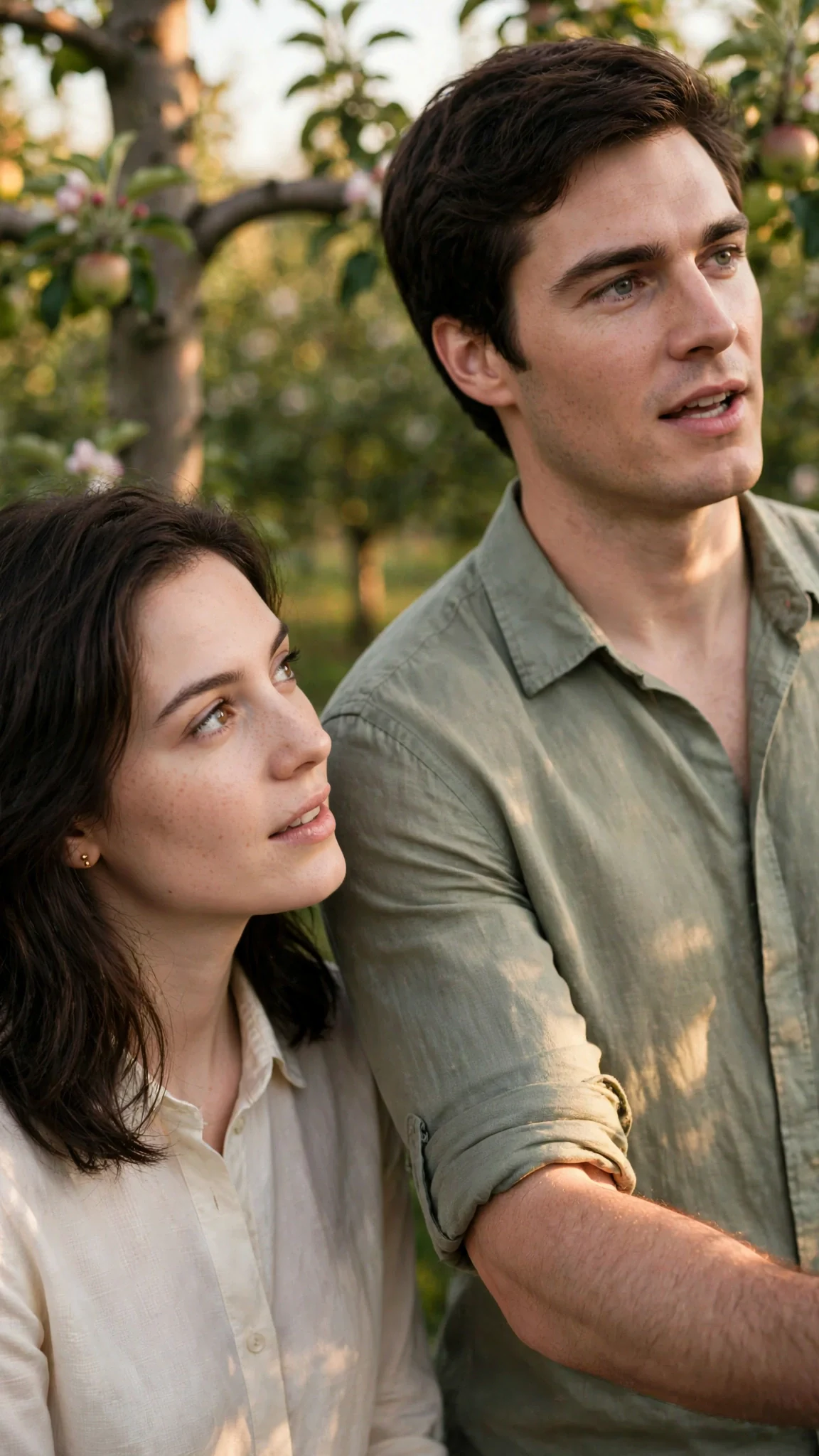 A woman looks up at a man and notices the sun on his rolled sleeves.