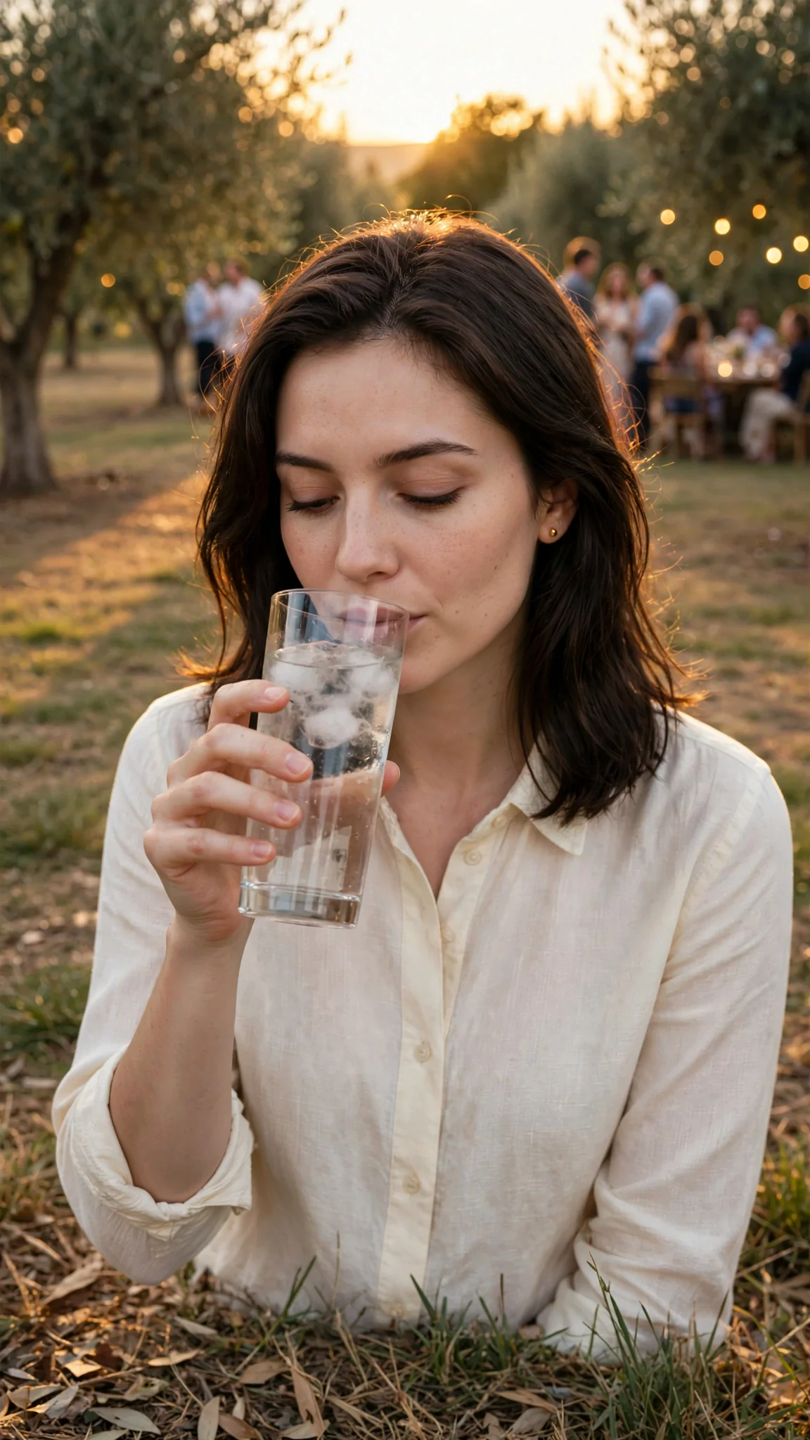 A woman drinks cold water alone under the apple trees, thinking.