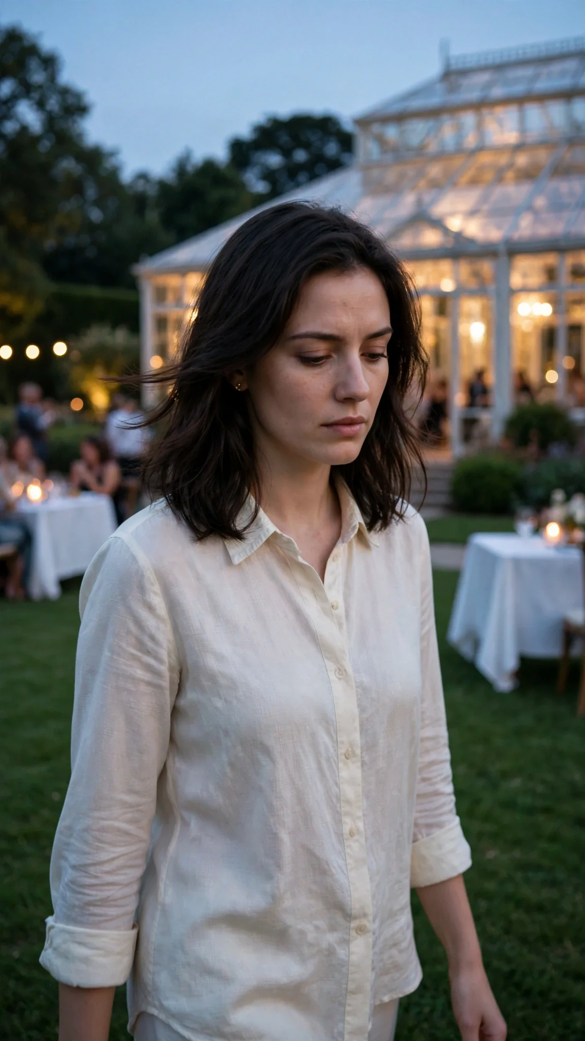 A woman in a cream blouse walks alone across a dark lawn toward a glowing glass conservatory.