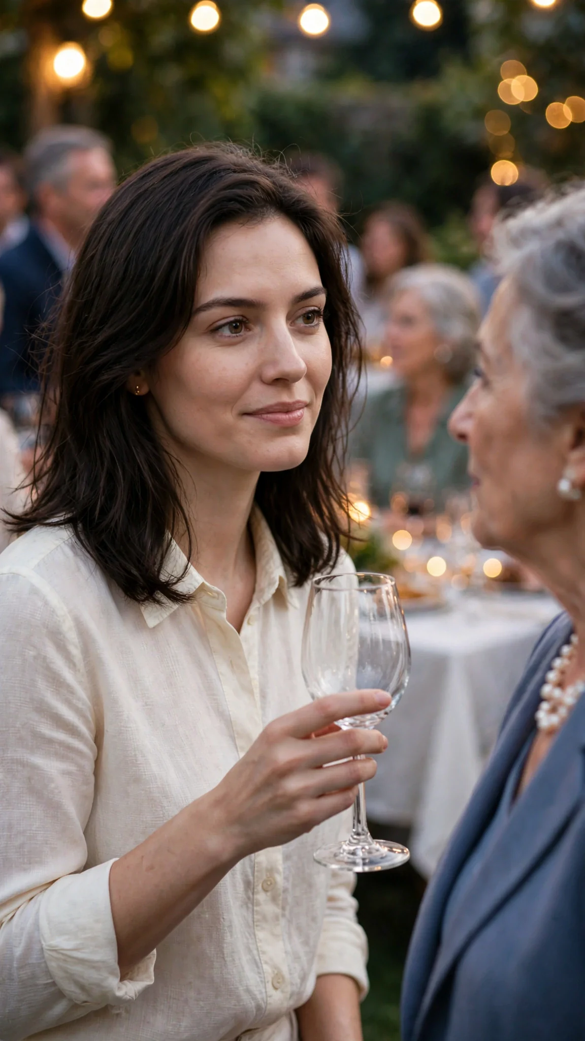 The heroine passes blurred guests on a lawn, forcing a smile, a glass in her hand.