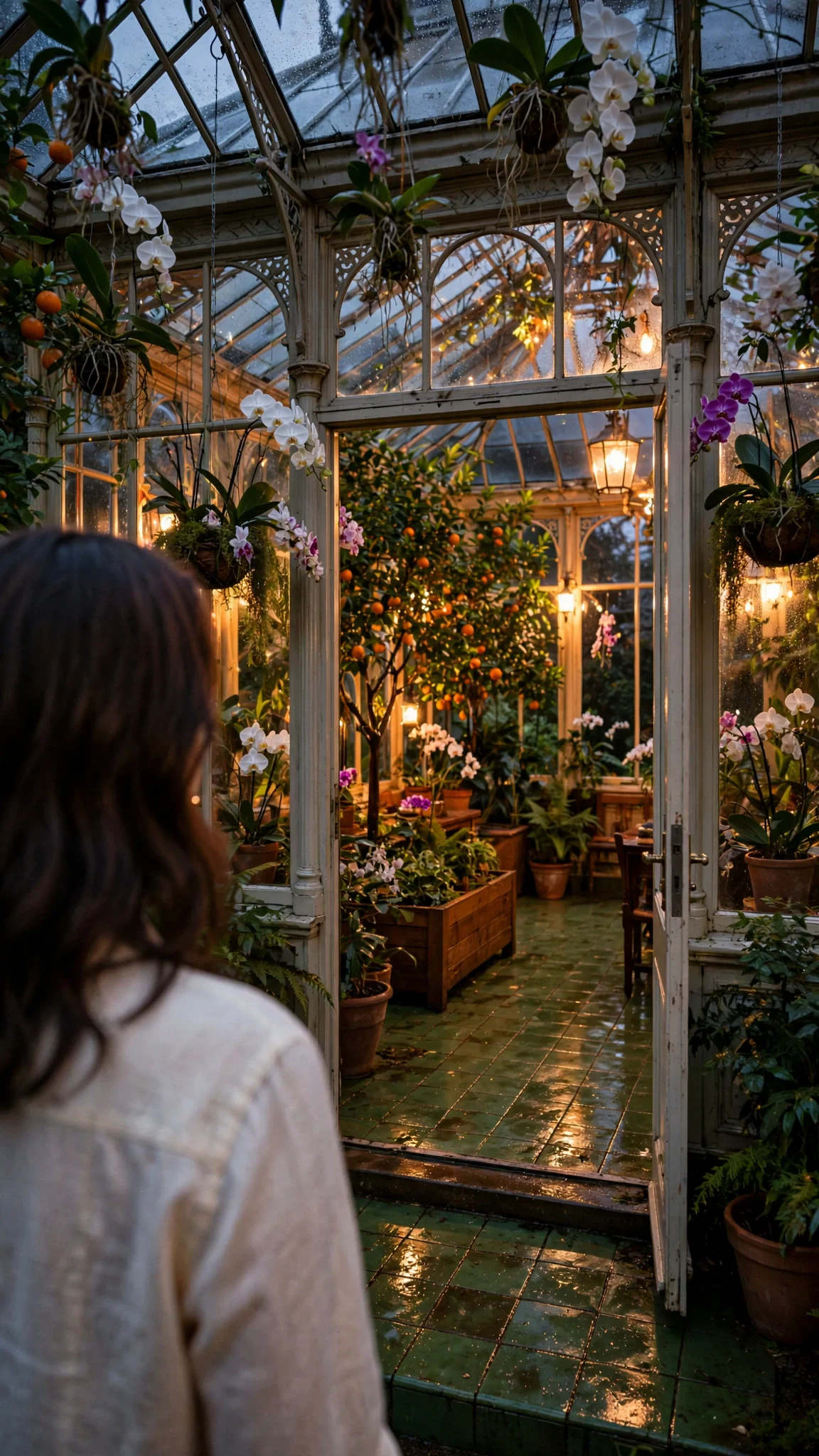 The open door of a glass conservatory, warm green light and orchids inside.