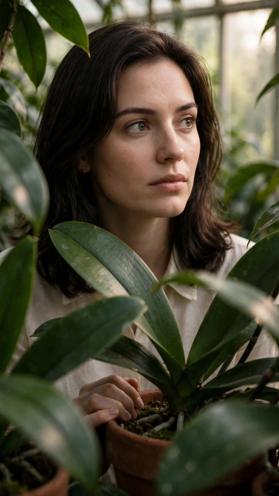 The heroine's hand grips the rim of a terracotta pot, knuckles white, her face hidden by leaves.