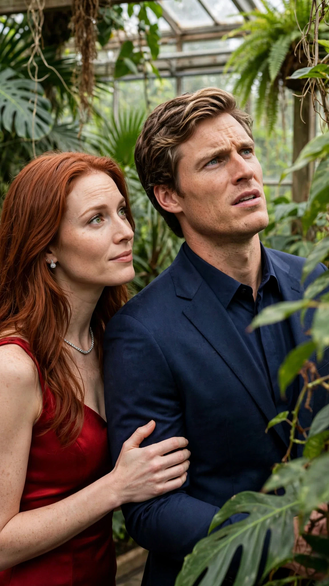 The man in navy looks up sharply toward the leaves, the woman in red turning with him.