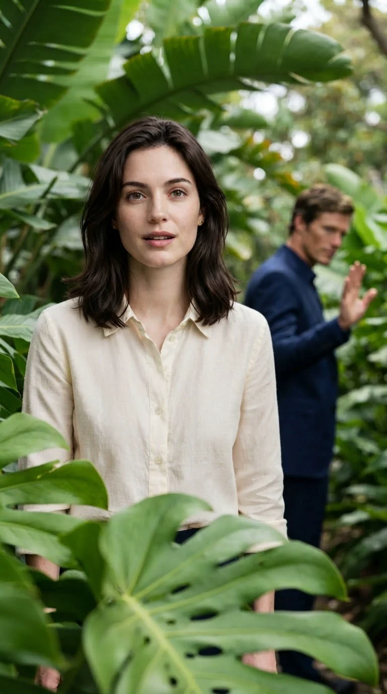 The heroine stands frozen among the plants, mouth slightly open, eyes shining.