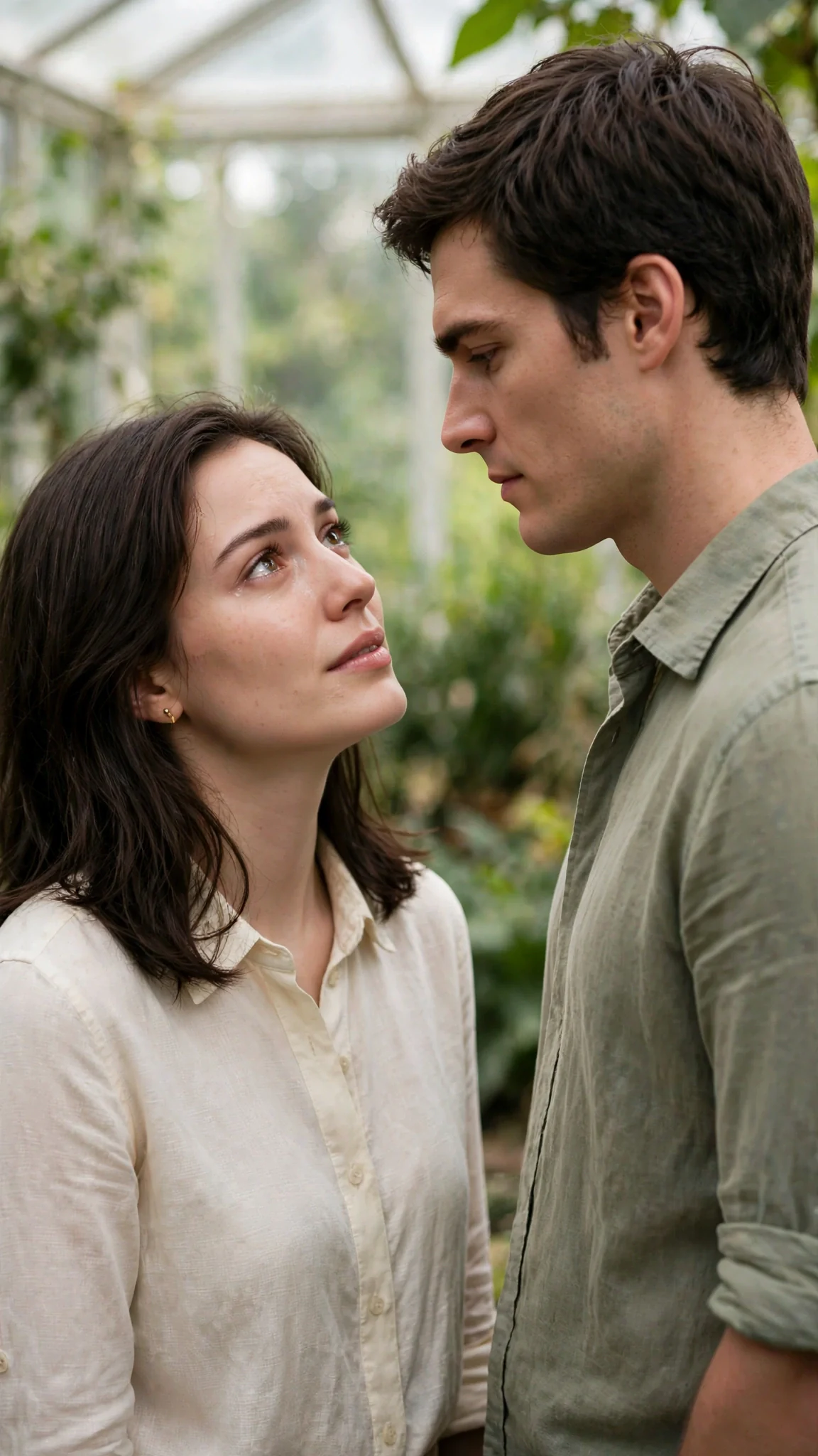 The heroine looks up at the tall man, her expression caught between gratitude and fear.