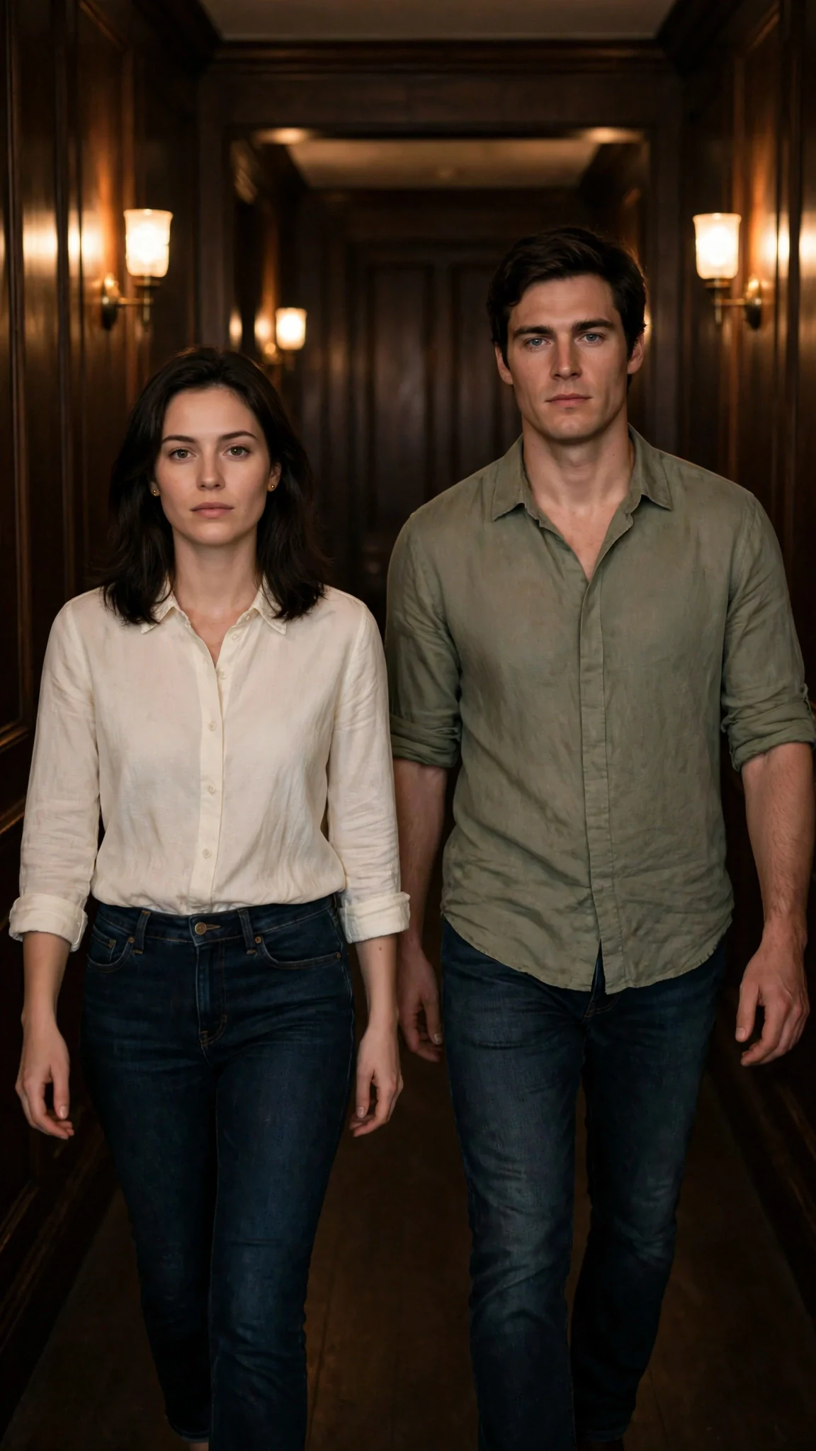 The heroine and the tall man walk side by side through a paneled hallway, a careful gap between them.