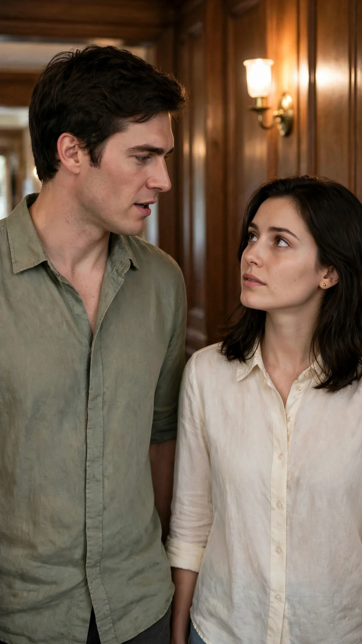 The tall man speaks quietly in the hallway, close to the heroine's shoulder.