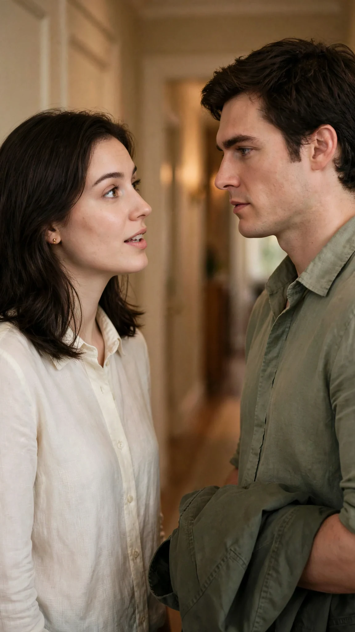The heroine stops in the hallway and asks him a question; he meets her eyes.