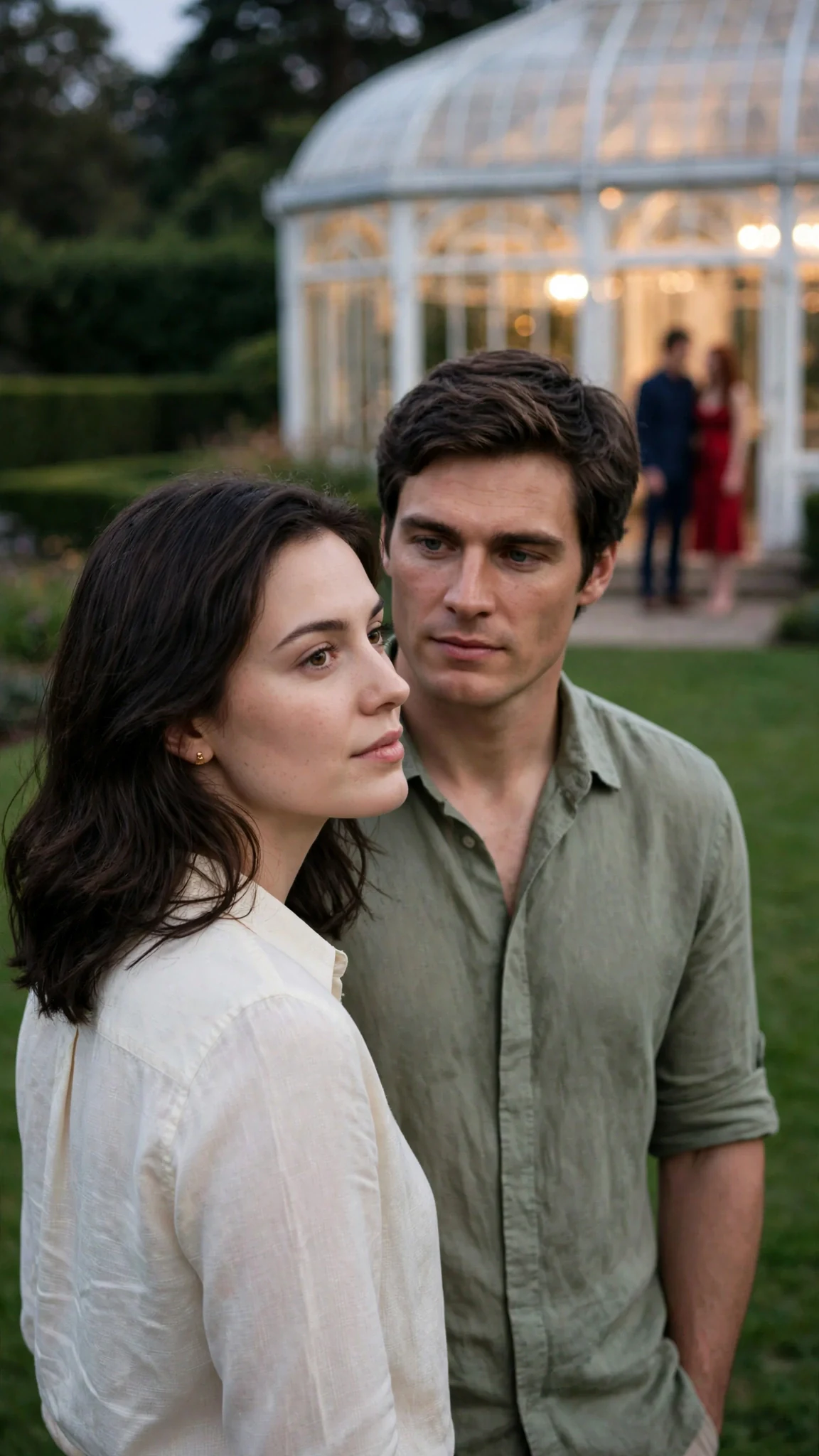 The heroine looks back toward the glass conservatory while the tall man waits beside her.