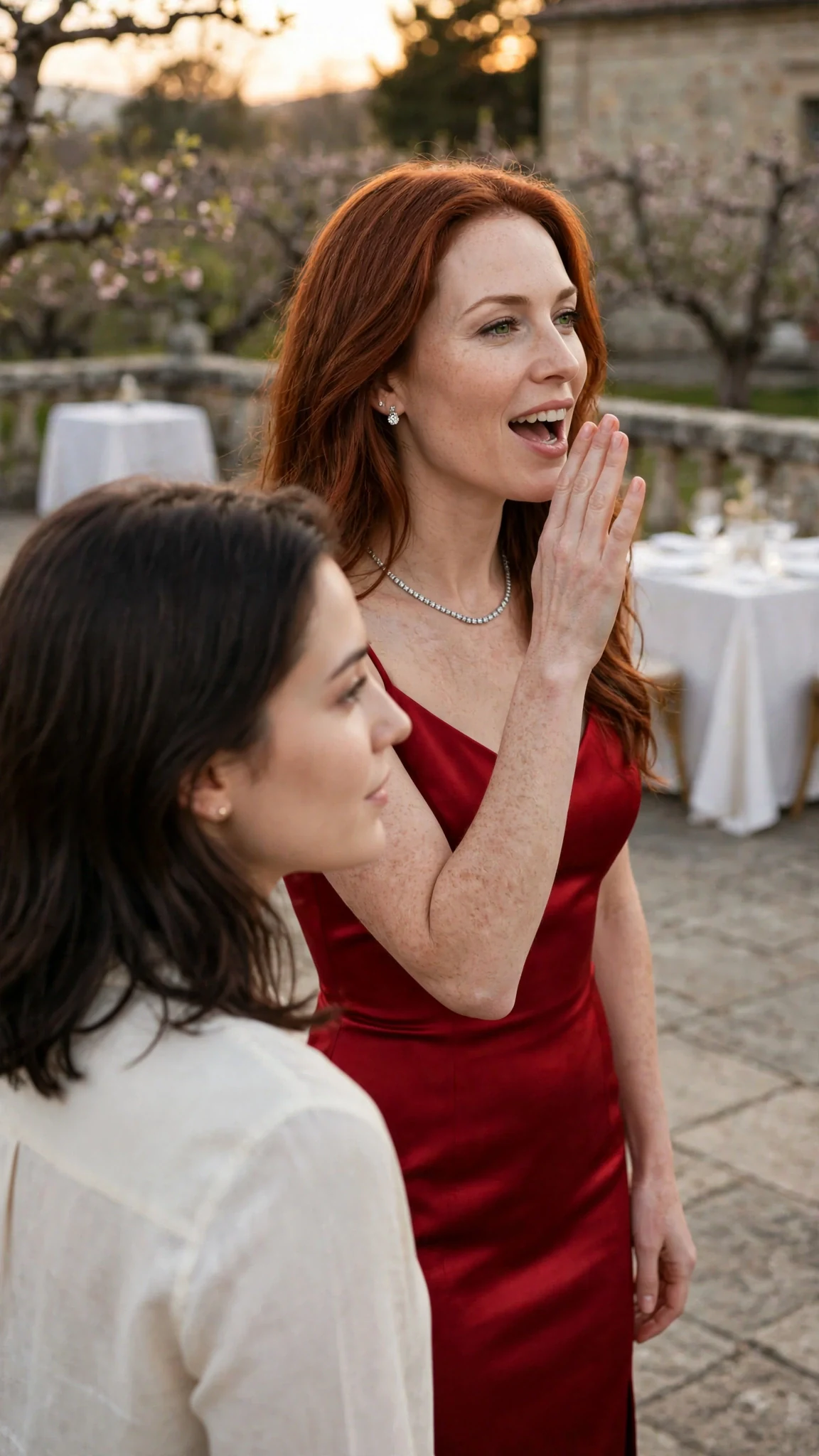 A woman in a red dress calls across a stone terrace after a woman walking away.