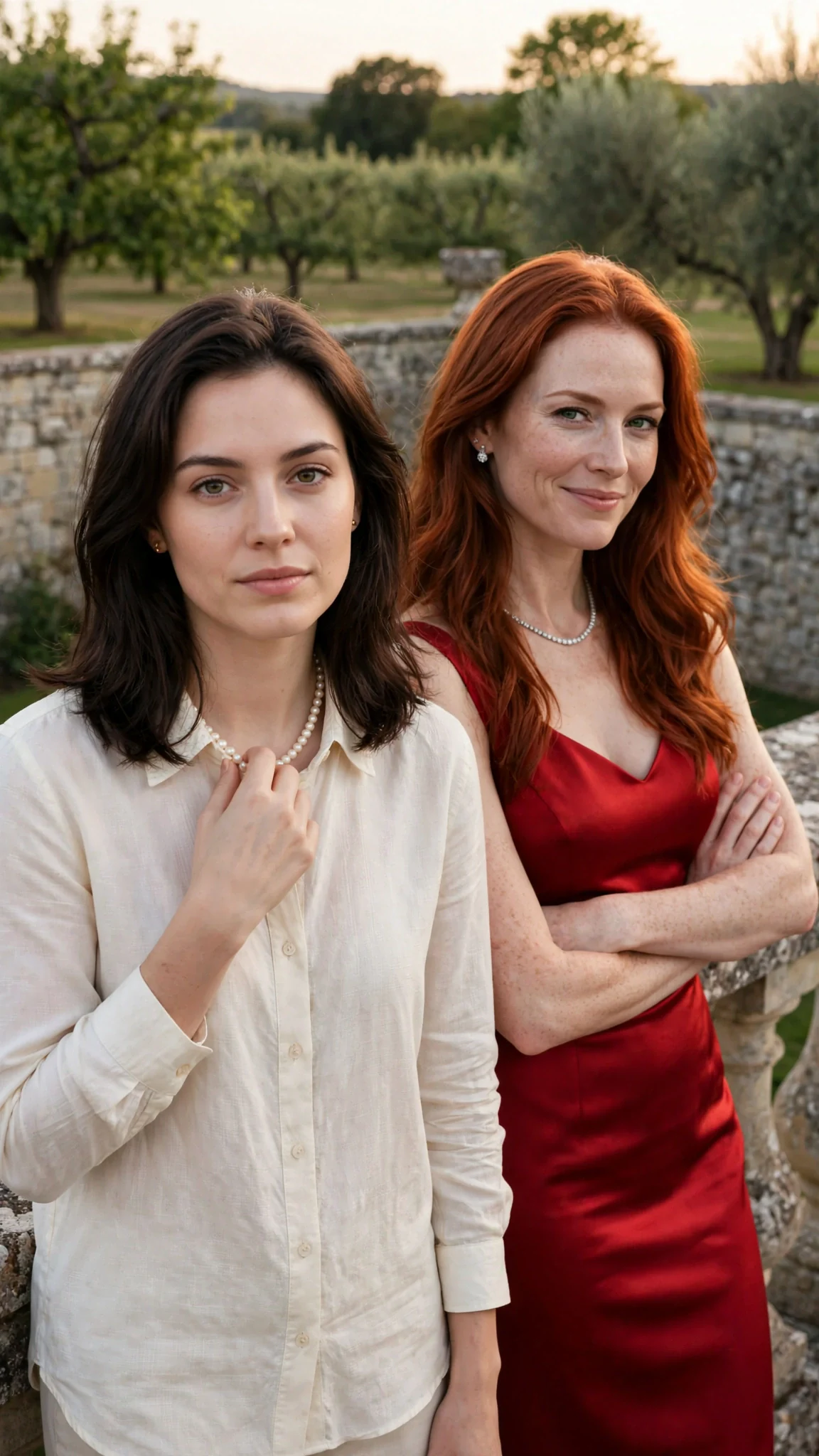 A woman touches the pearls at her neck while the other woman smiles without warmth.