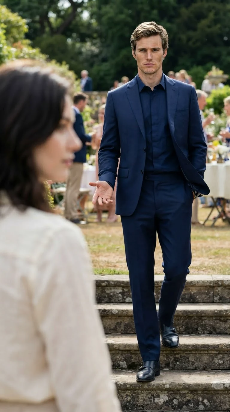 A tall man in a navy suit comes down the steps with his hand already out.