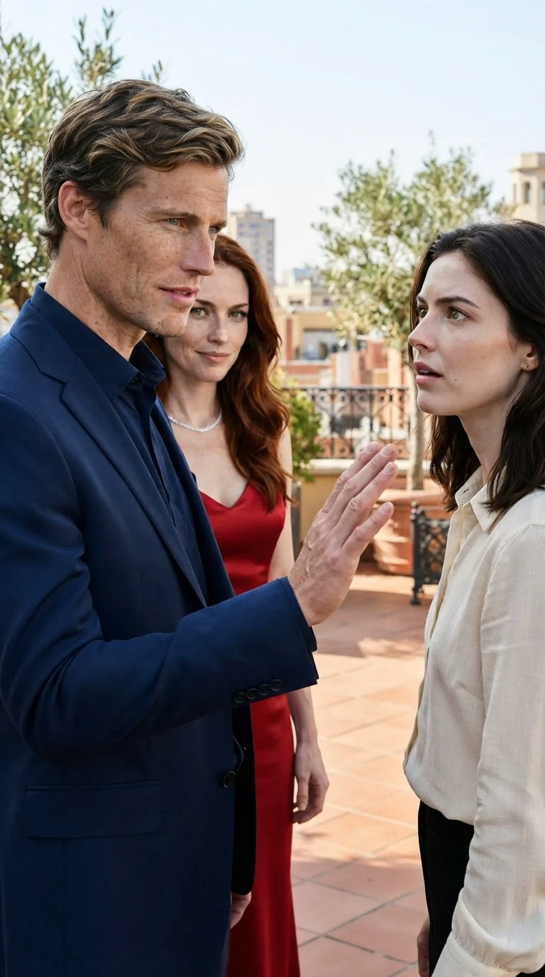 The man in the suit holds his hand out, bored, while the woman stares at him.