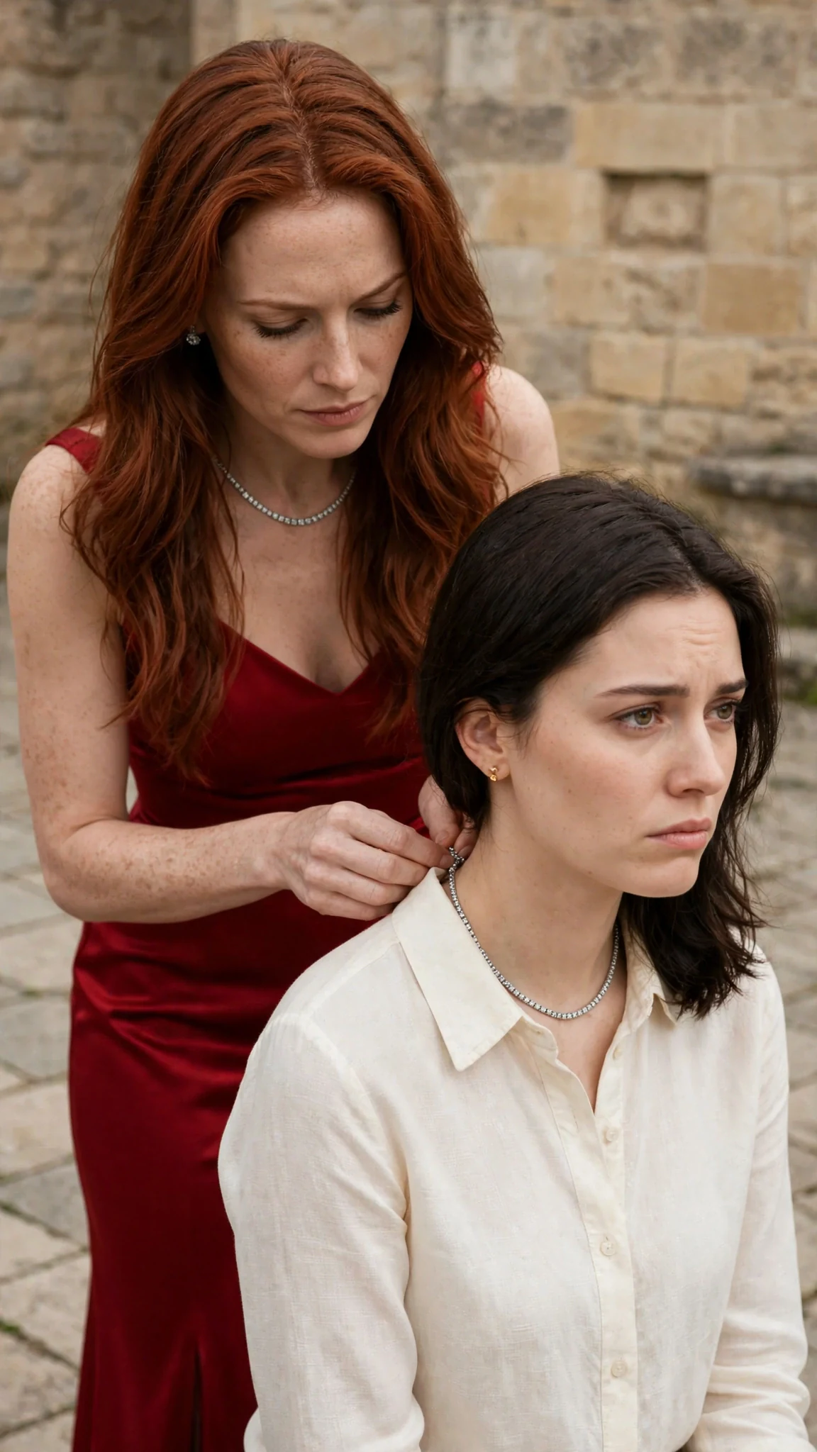 Two women stand close as one reaches behind the other's neck for the clasp.