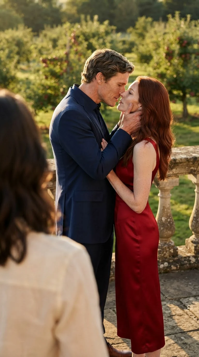 A man in a suit takes a woman's face in his hands and kisses her on a terrace.
