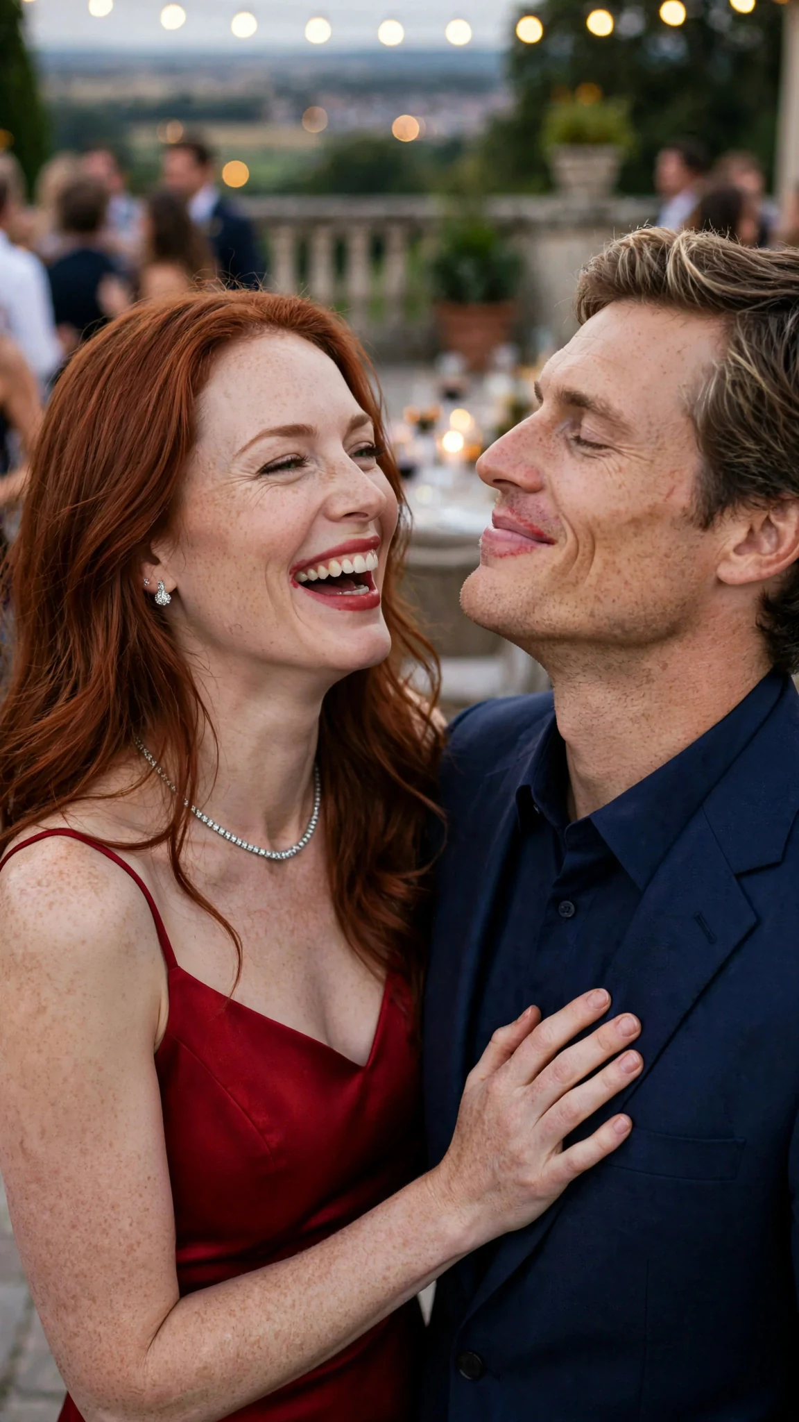 The woman in red pulls back laughing, lipstick smeared, the man's eyes still closed.