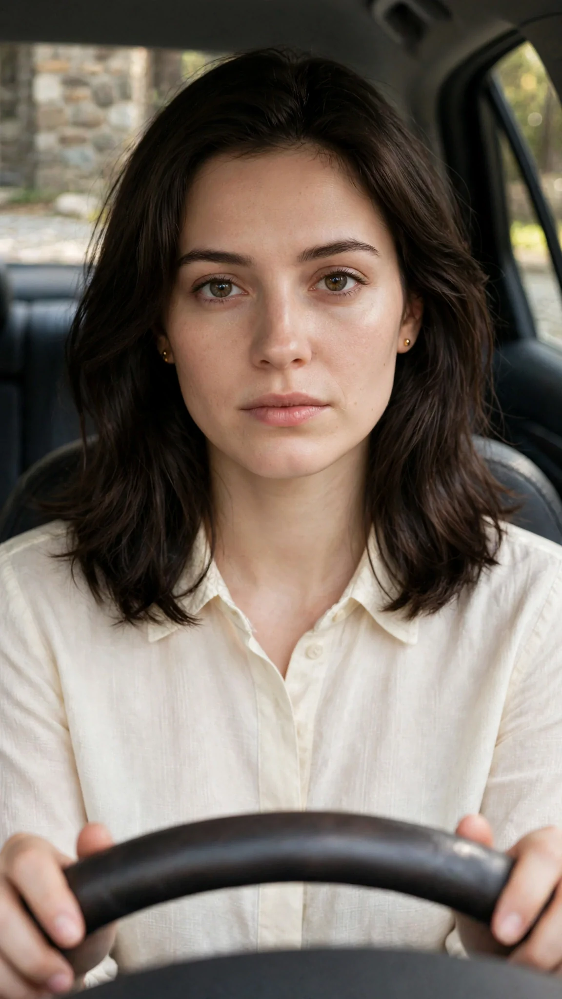 A woman sits alone in a hot car with her hands on the steering wheel.