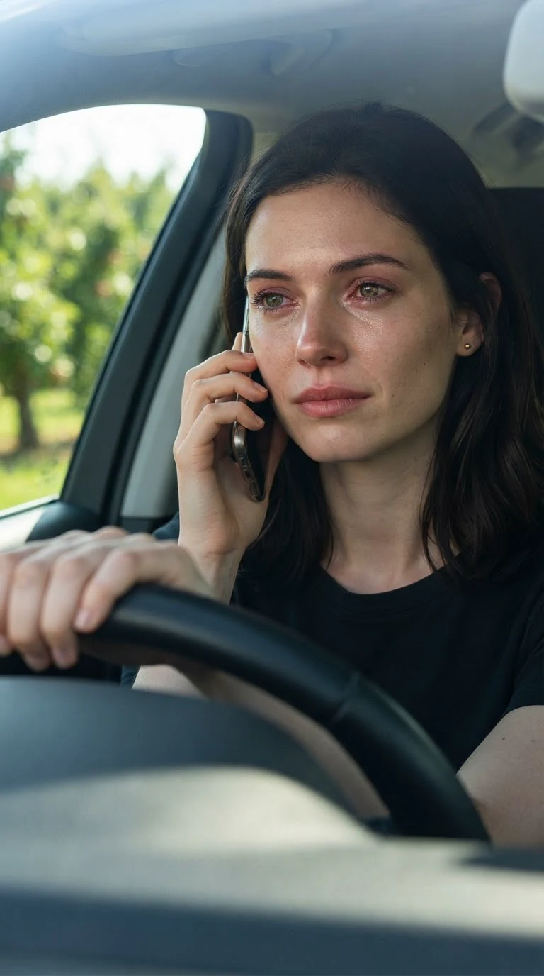 The woman in the car holds a phone to her ear, eyes wet.