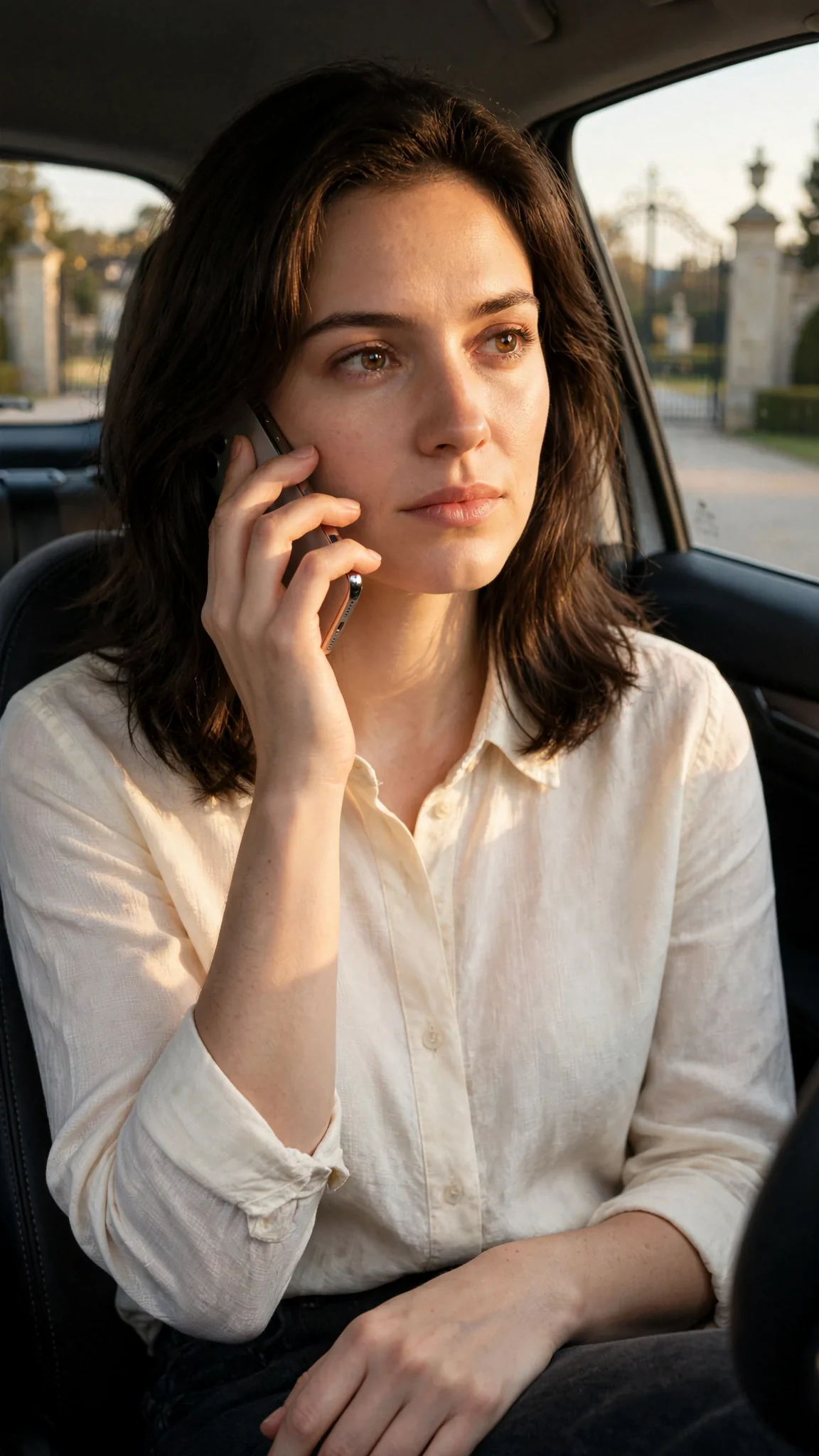 The woman in the car speaks flatly into the phone, jaw tight.