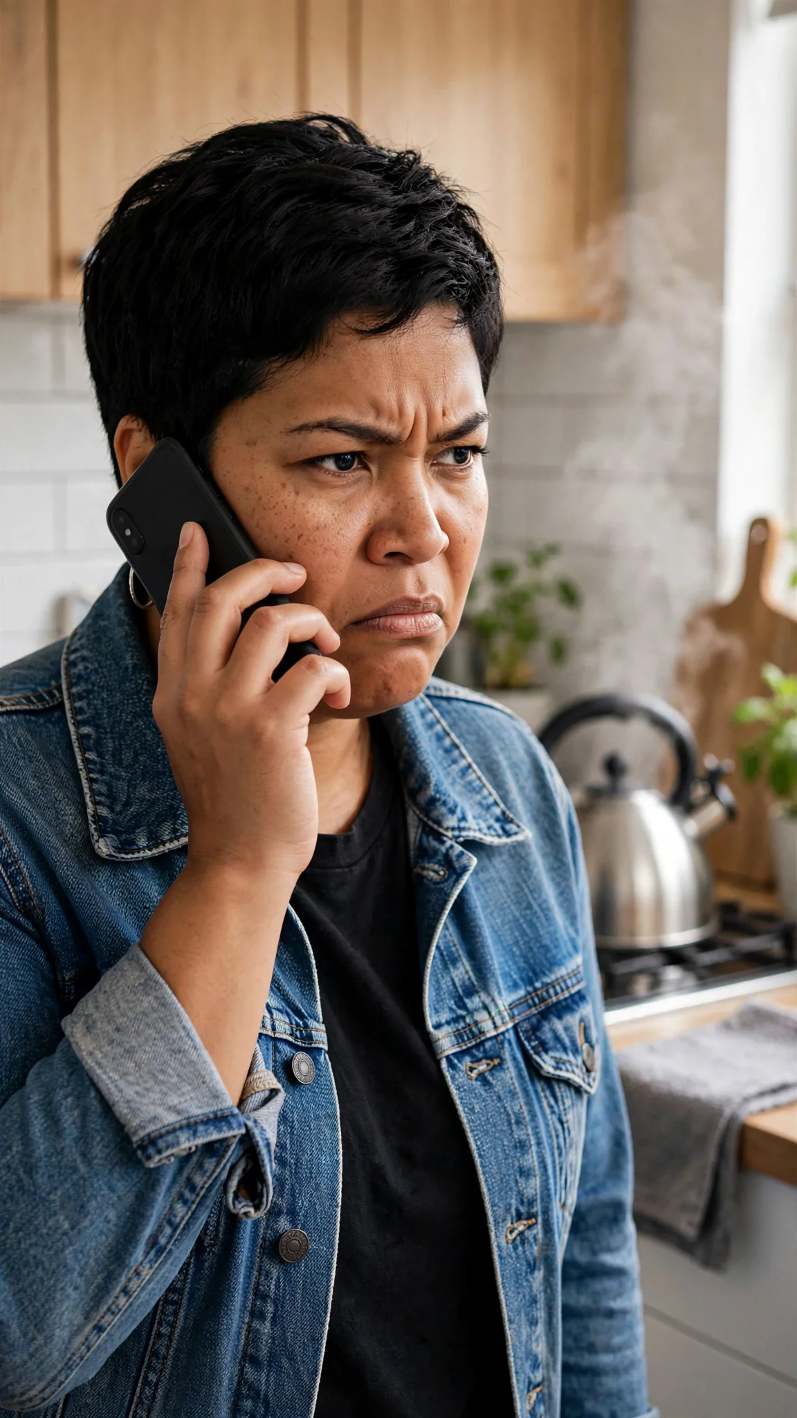 A young woman with short black hair stands in a kitchen, phone pressed hard to her ear.