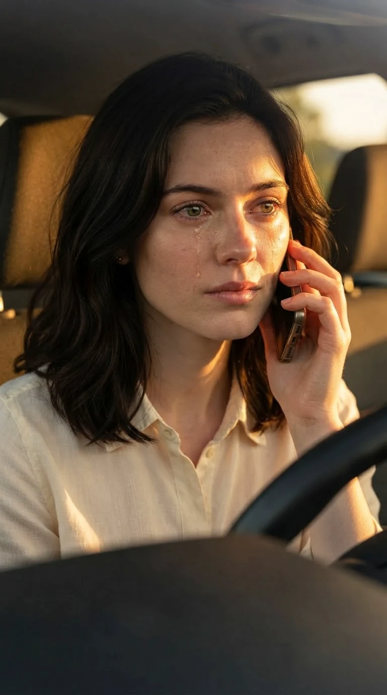 The woman in the car listens, one tear sliding down her cheek.