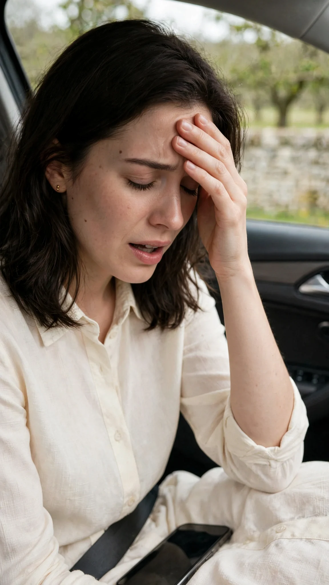 The woman in the car presses her palm to her forehead, phone in her lap.