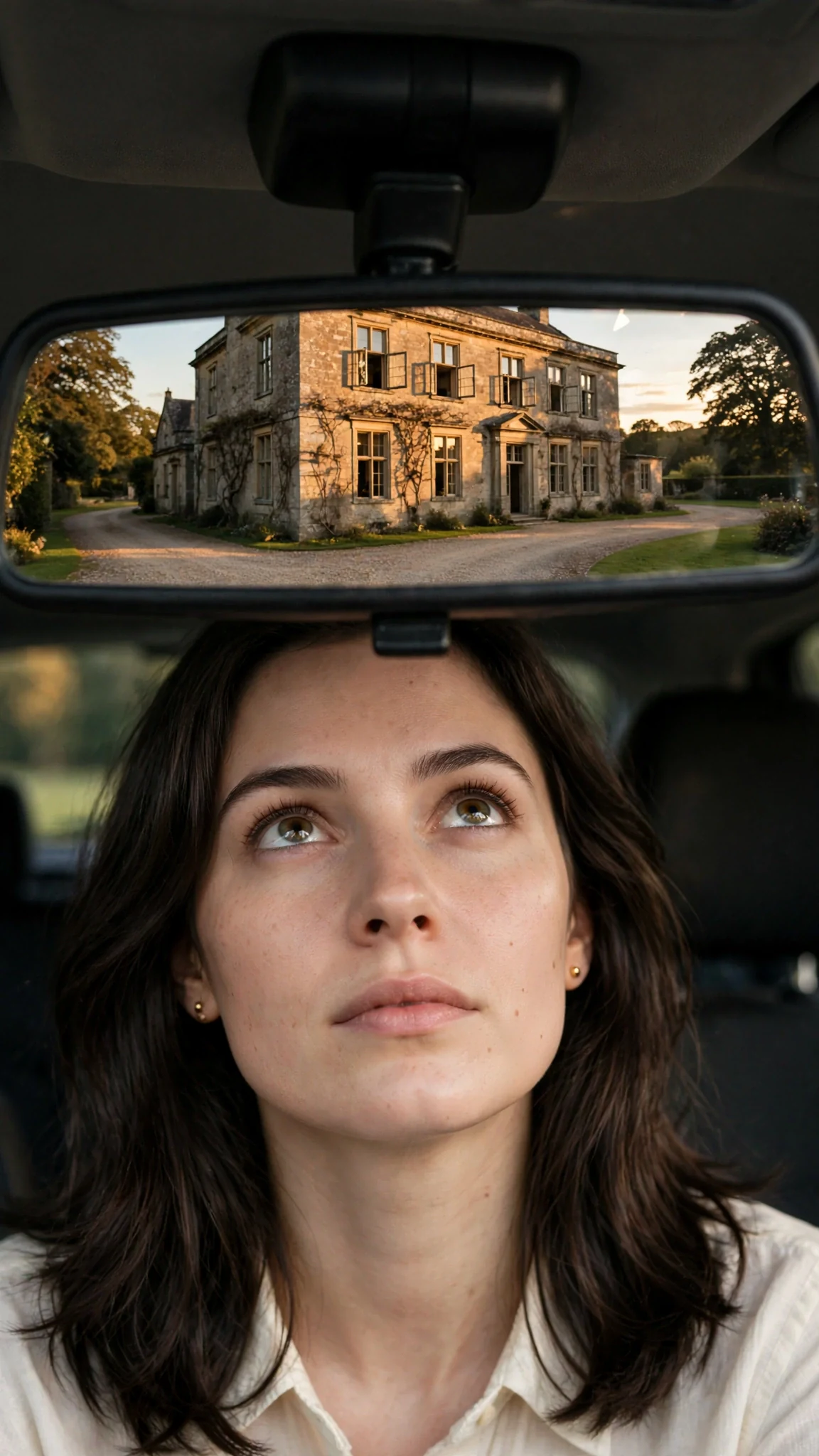 A rear-view mirror shows an old stone house behind a woman's eyes.
