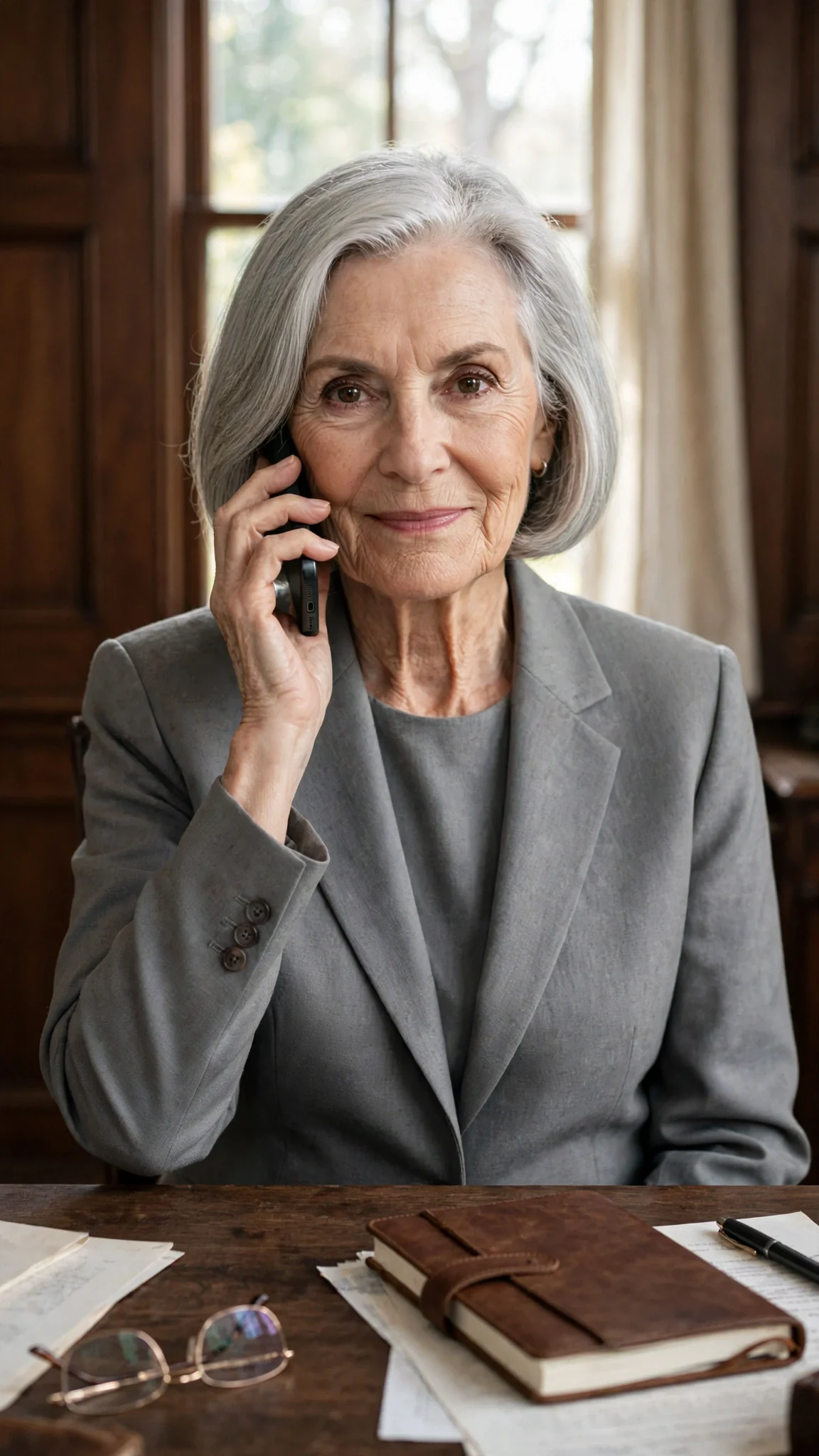 Eleanor Kincaid speaks on the phone at her desk, silver bob and dove-gray suit, sharp eyes on the window.