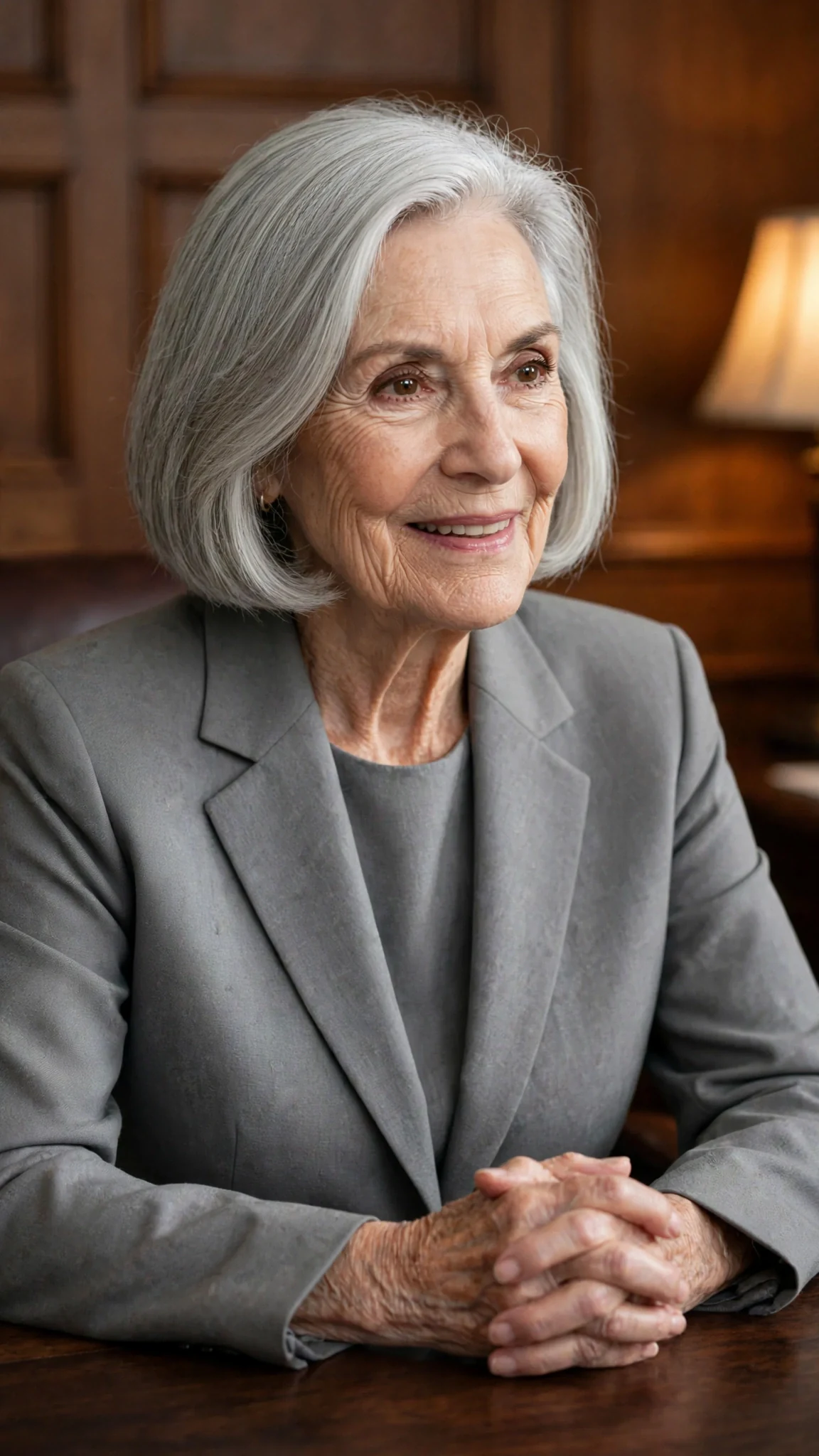 Eleanor folds her hands on the desk and delivers the news with a small, warm smile.