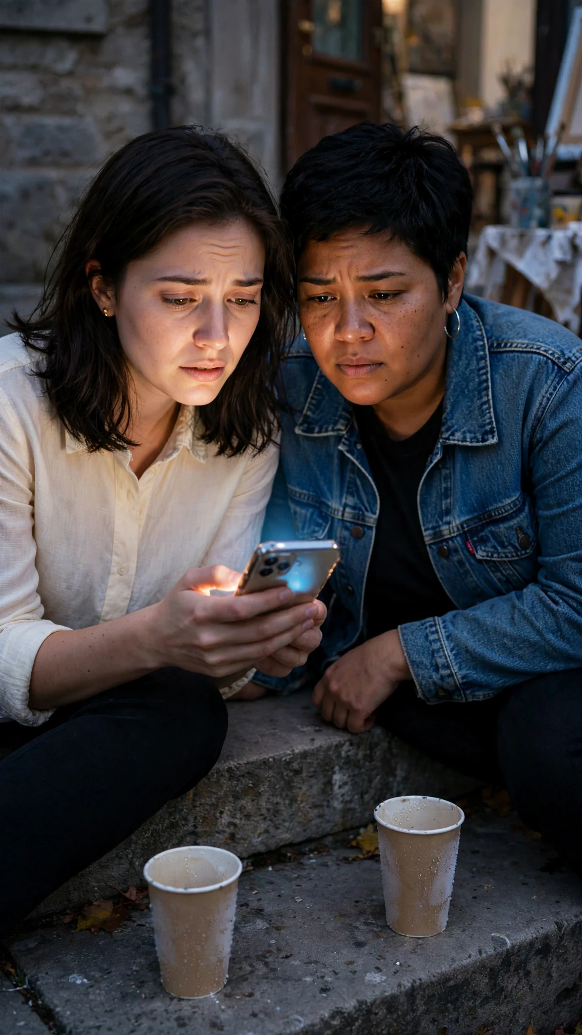 Maris sits on her studio steps beside Jules at dusk, a phone glowing in her hand.