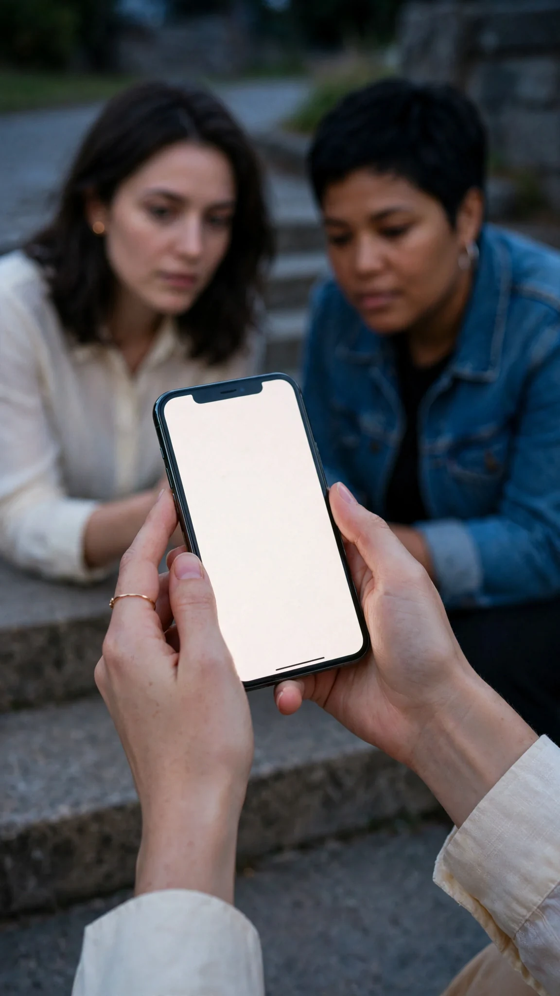 A close view of the phone in Maris's hand, a message beginning with another woman's name.