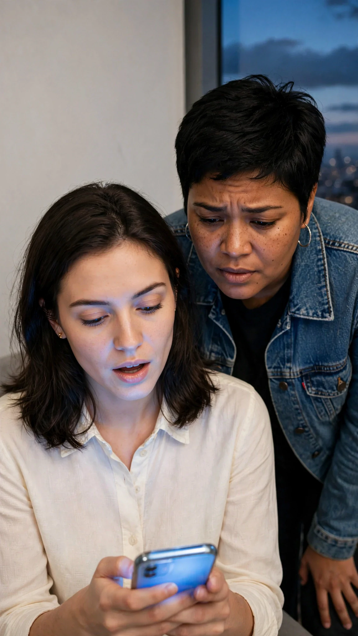 Maris reads the screen while Jules leans over her shoulder, both faces tight.