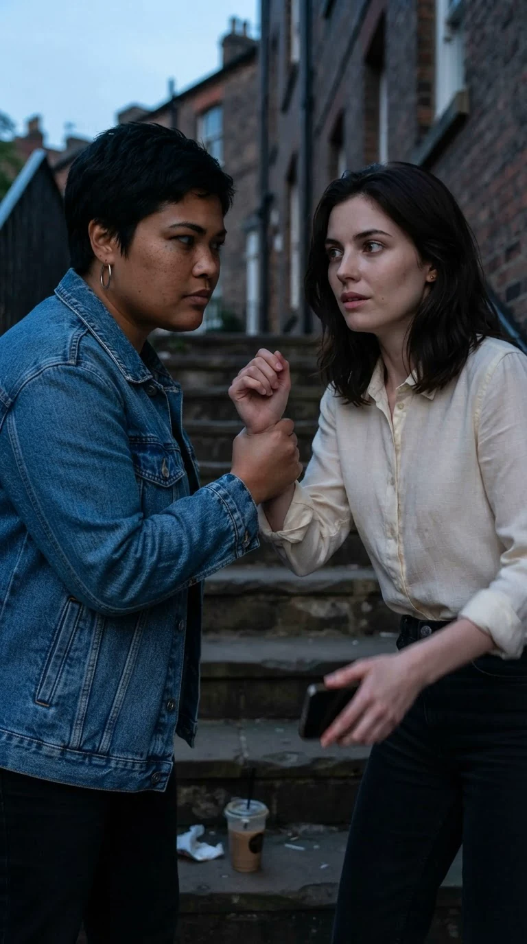 Jules grips Maris's wrist, both women frozen on the steps.